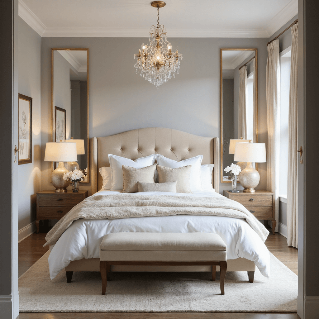 A serene main bedroom at sunrise features a champagne-colored upholstered headboard, layers of white, cream, and beige bedding, and a dimmable crystal chandelier. Floor-length mirrors reflect natural light, while a white orchid adds an elegant touch. The scene is captured from the bedroom entrance, showcasing the interplay of morning light on various textures.