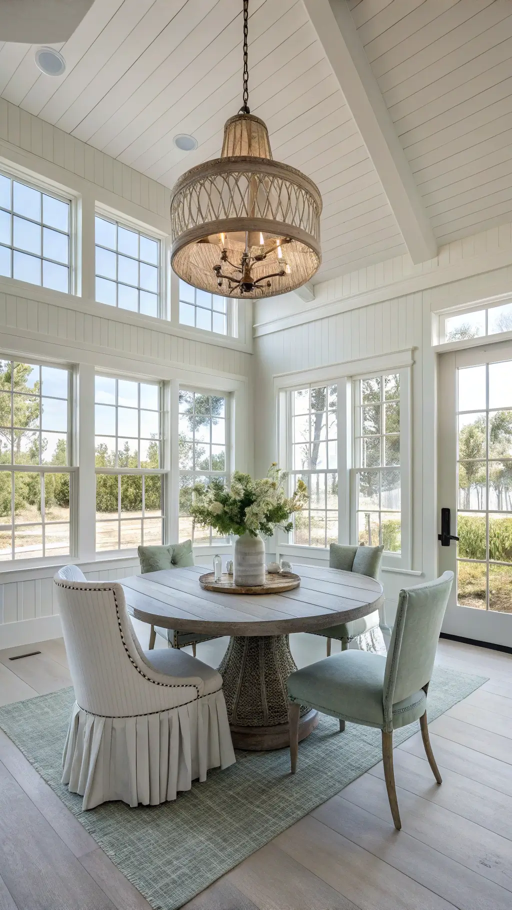 A bright dining space with natural light, featuring a round gray oak table and silver-sage linen chairs, under a capiz shell chandelier. White shiplap walls, sheer-dressed panoramic windows, and a glass hurricane lantern with candles enhance the airy ambiance.