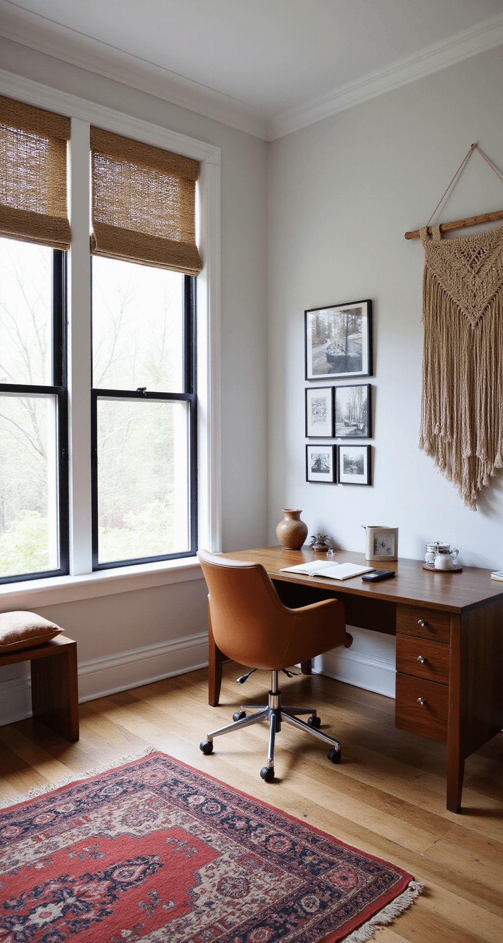 A sunlit 10'x12' home office with a walnut desk facing floor-to-ceiling windows covered in natural fiber shades, featuring an Eames chair in camel leather. Black and white photos and a macramé wall hanging adorn the walls, while vintage rugs add warmth, all captured in crisp morning light.