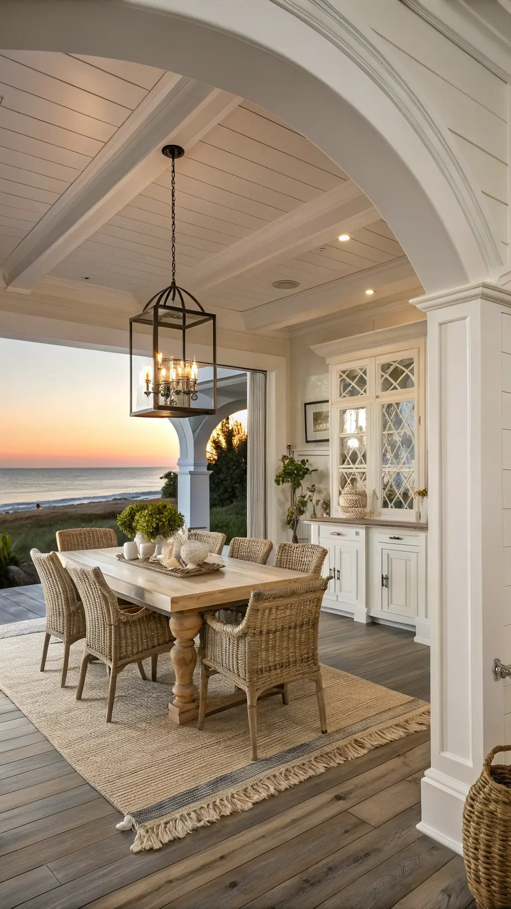 A sunset-lit coastal dining space with coffered ceilings and built-in white cabinetry. The room features a large reclaimed oak harvest table with upholstered host chairs and six woven seagrass side chairs. Oversize woven pendants cast shadows on a sisal rug over whitewashed oak floors. Decor includes blue-and-white ginger jars, vintage coral specimens, and a tablescape with natural linens and handmade seafoam green ceramic plates.