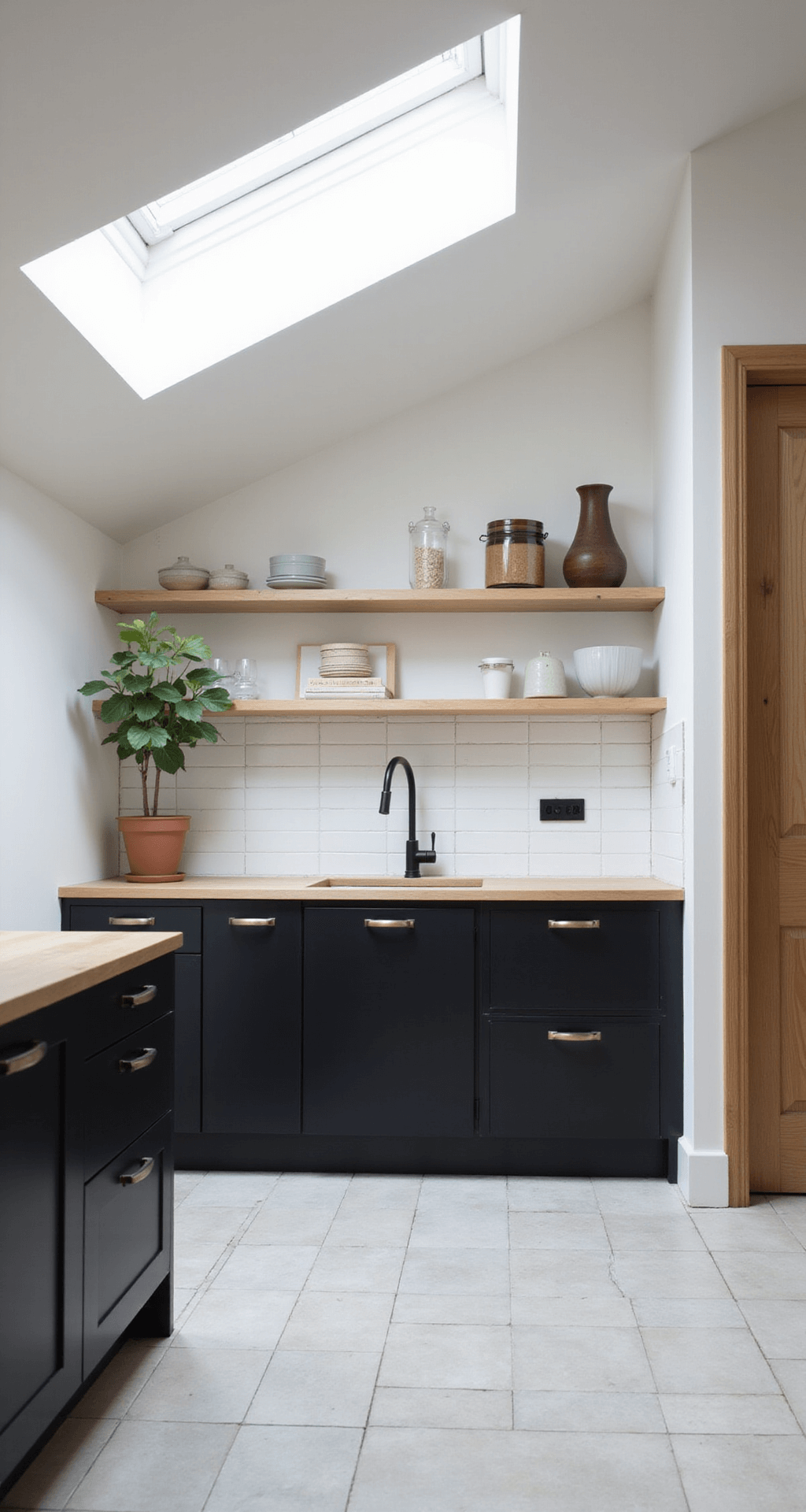 Bright Scandinavian minimalist kitchen with pitched white ceiling, black cabinets, ash wood shelving and floor, white tiled walls with dark grout, skylight casting shadows, and decor in pale ceramics and black metal.