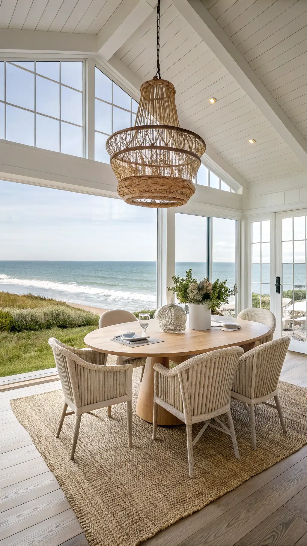 Beachfront dining room with ocean views, light oak oval table, slipcovered and rattan chairs, rope chandelier, warm white walls, grasscloth accent, jute rug, vintage blue bottles, driftwood sculpture, and organic linen runners.