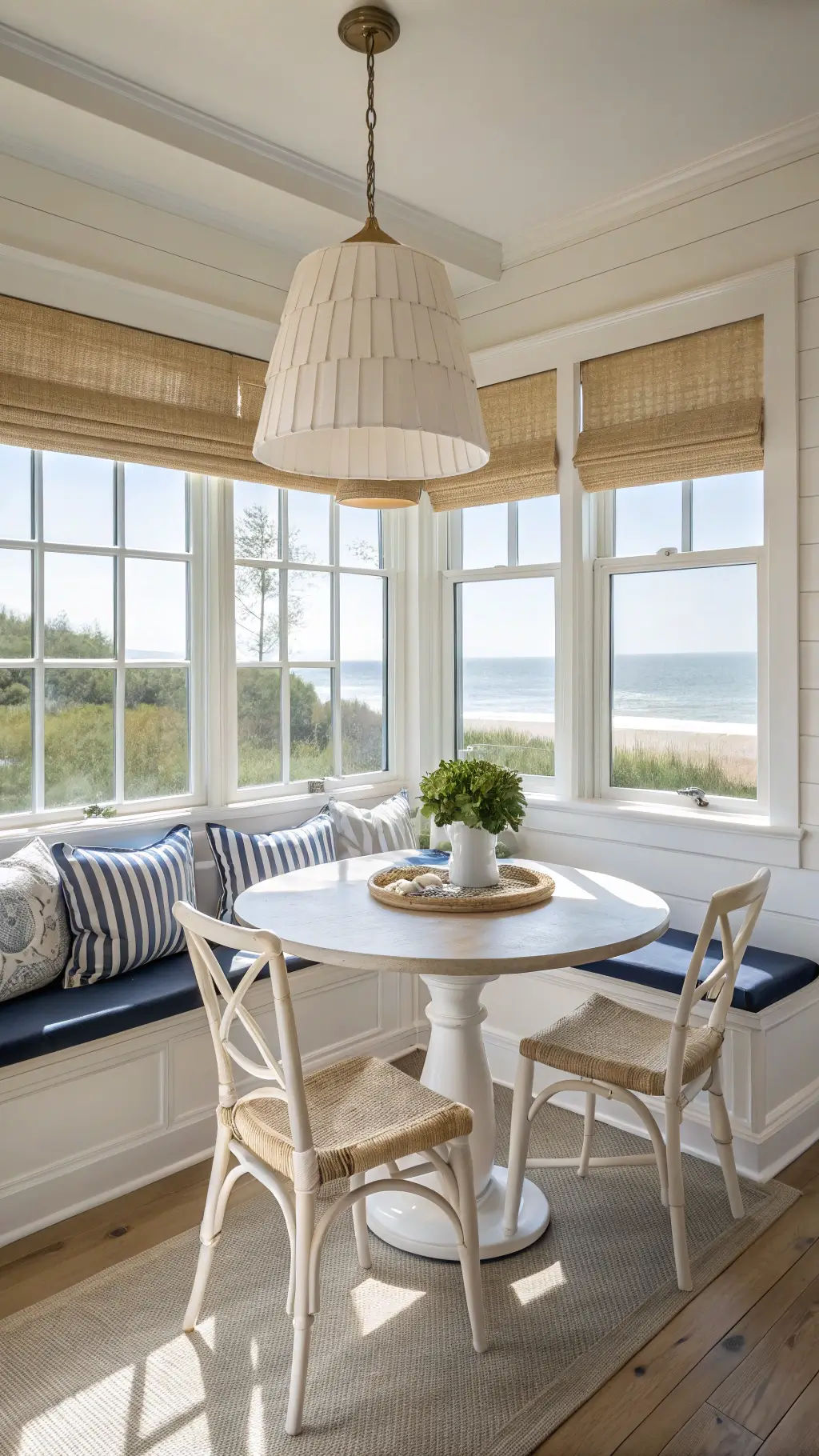 Cozy coastal breakfast nook with bay windows and a custom window seat, featuring natural woven Roman shades, a round pickled oak table, vintage white Windsor chairs, an oversized ceramic pendant light, warm white shiplap walls, navy and white cushions, coastal map decorations, and a centerpiece of white coral and sea glass.