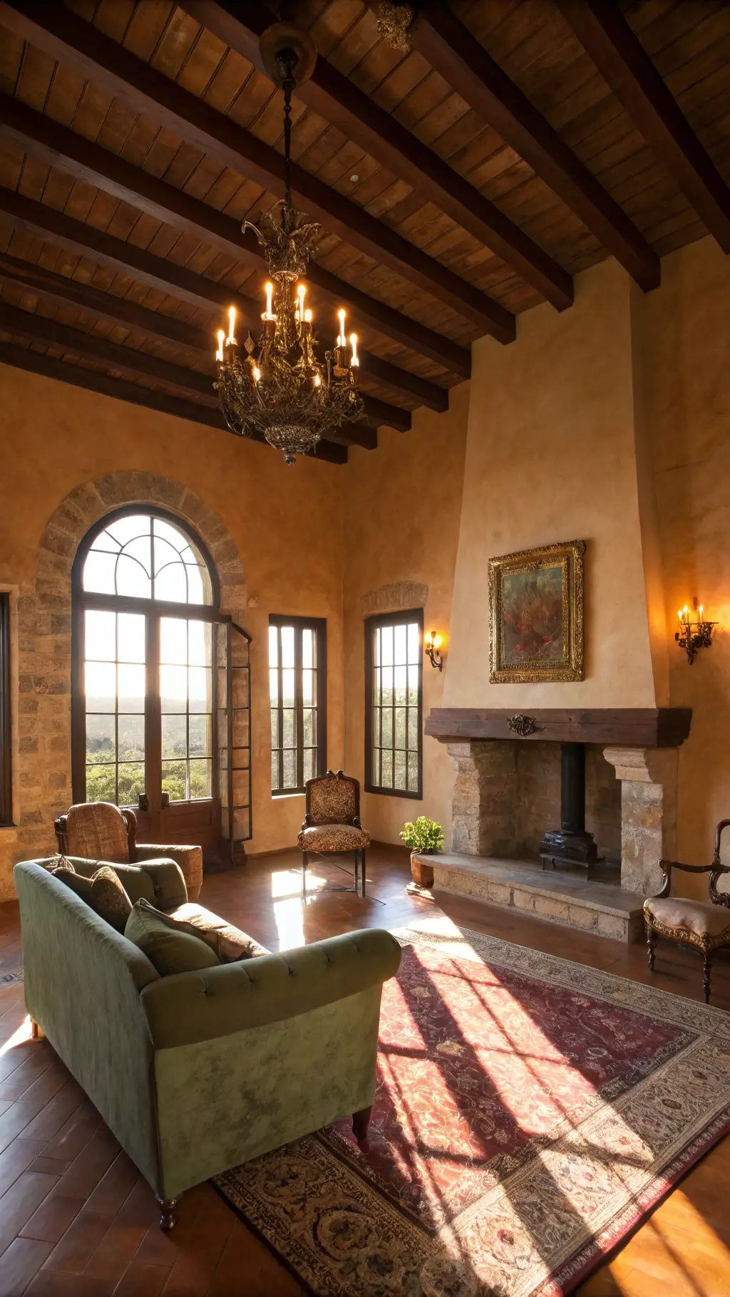 Tuscan living room with arched windows, terracotta walls, Chesterfield sofa, velvet armchairs, Persian rug, and stone fireplace, captured in warm golden hour light.