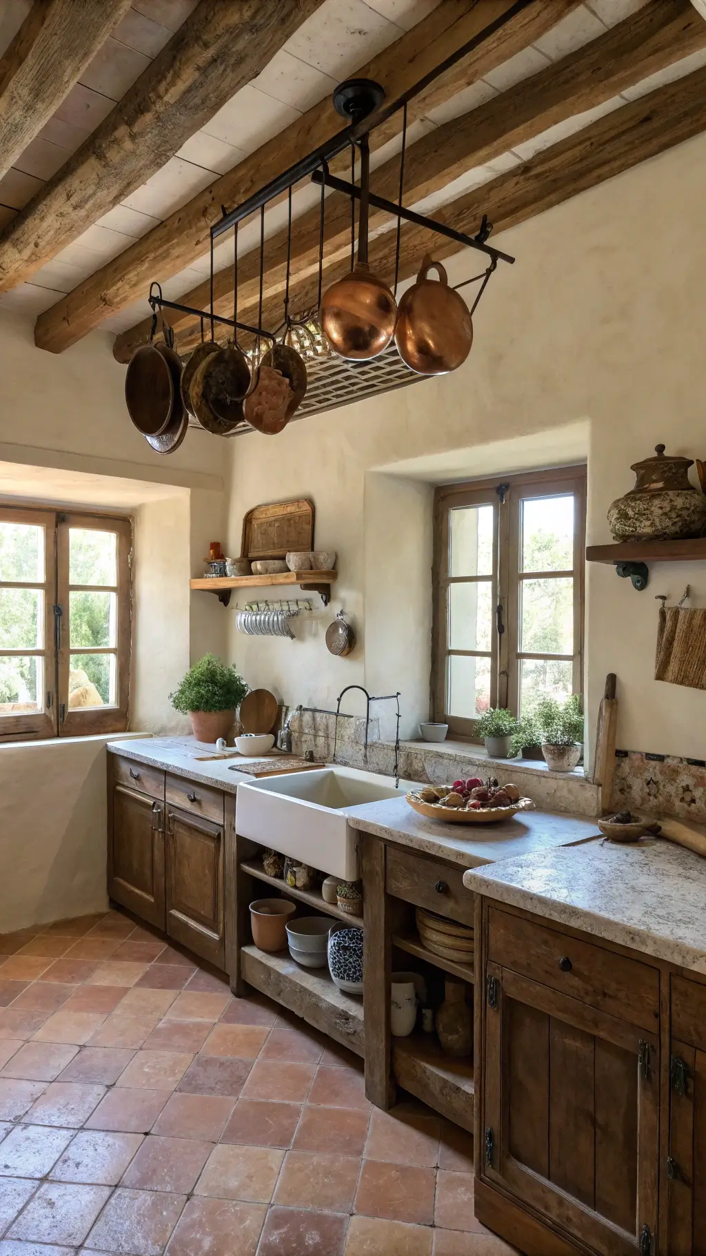 Intimate rustic kitchen with wooden beams, plaster walls, and vintage copper pots; marble island with fresh ingredients, ceramic plates on shelves, farmhouse sink with herbs view, and terracotta tiles in warm morning light.