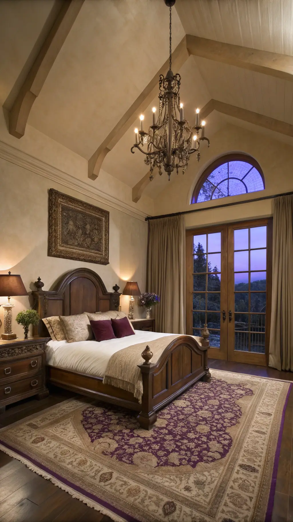 Master bedroom with vaulted ceiling and arched window at dusk, featuring a dark wood four-poster bed, distressed walnut furniture, layered rugs, wrought iron chandelier, and warm textured walls, illuminated by mixed natural and ambient lighting.