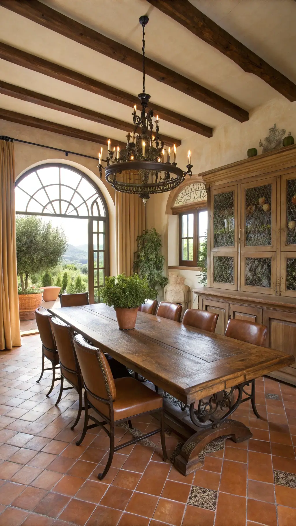 Sunlit dining room features a large wooden trestle table with leather-seated chairs and a wrought iron chandelier, all against textured ochre walls and terracotta tile flooring; olive trees in pots frame the windows, with a view of set table and Italian ceramics. Tuscan Home Decorating