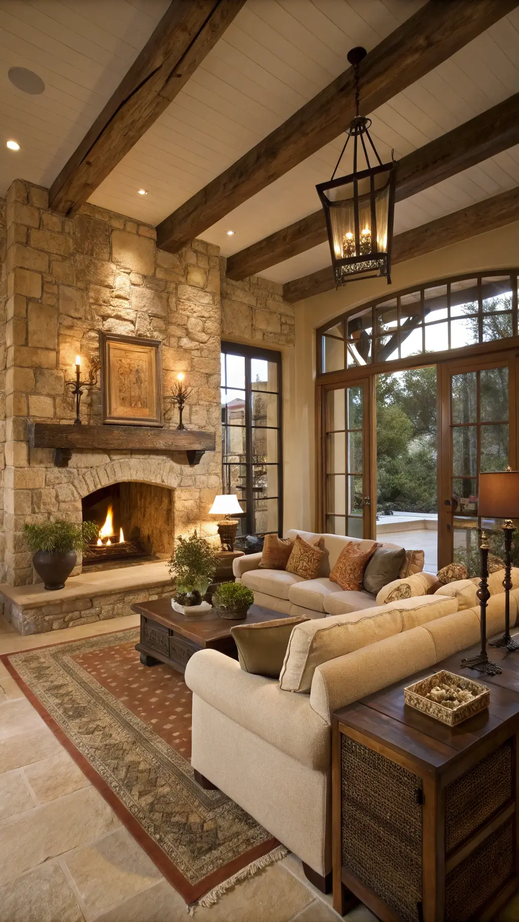 A cozy family room with a rough stone accent wall and built-in fireplace, featuring an oversized natural linen sectional with rust and olive pillows. The room has plaster walls in warm sandstone, a reclaimed beam ceiling, and iron floor lamps with parchment shades. An antique chest serves as a coffee table, resting on a seagrass rug layered with a vintage kilim. Arched doors open to a courtyard, capturing dramatic cross-lighting during golden hour. Tuscan Home Decorating