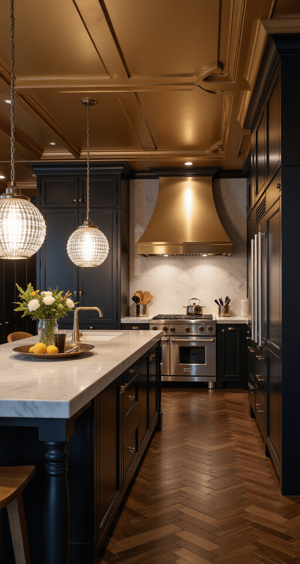 Art Deco style kitchen with black and champagne gold cabinets, marble island, crystal pendant lights, and dark herringbone wood flooring, viewed from a low angle.