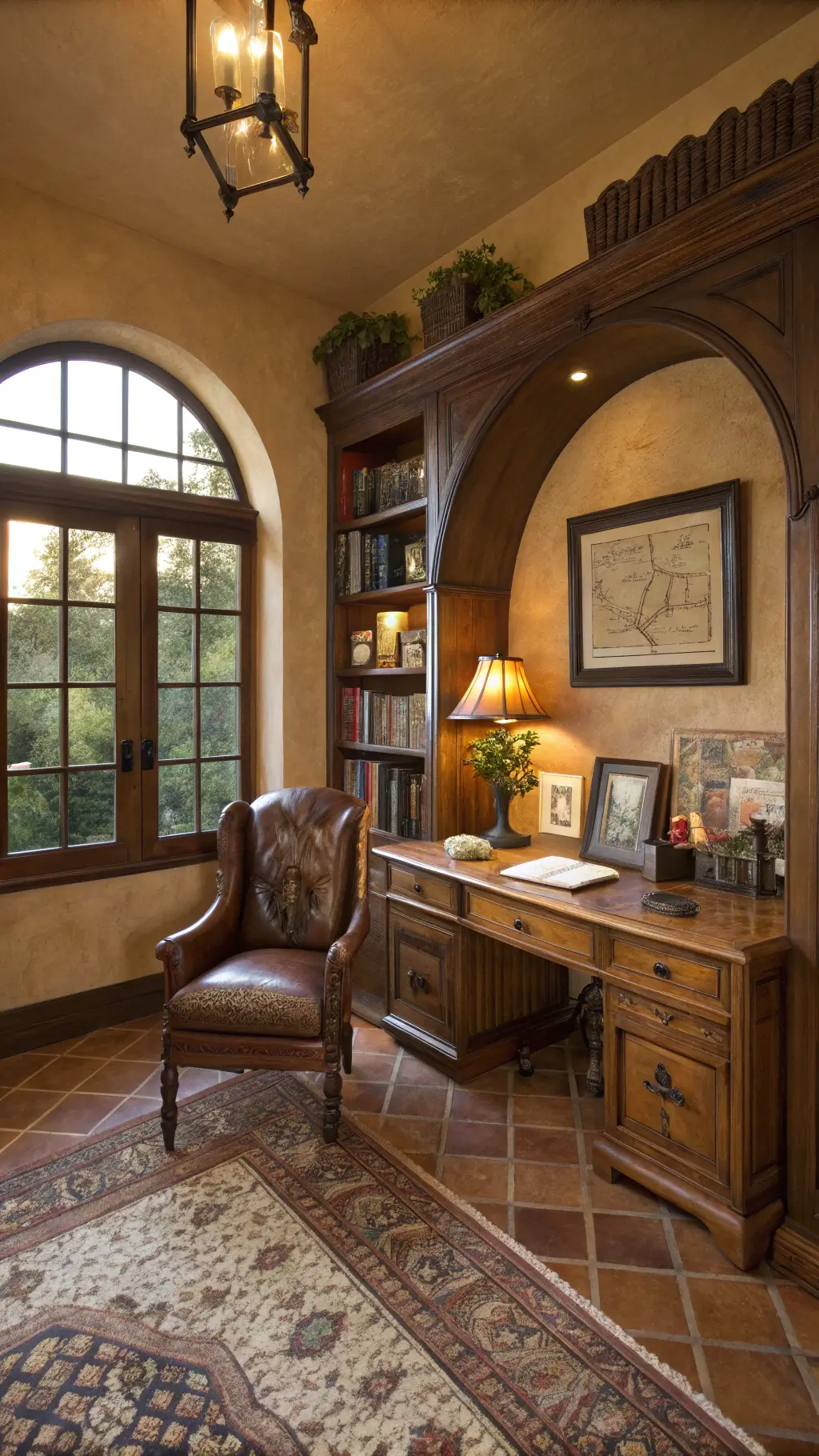 A cozy home office nook featuring distressed alder wood bookshelves framing an arched window; a leather wingback chair at an antique writing desk; a wrought iron floor lamp with an amber glass shade; textured sienna walls with vintage maps and botanical prints; terracotta floor tiles and a woven jute rug; copper desk accessories and dramatic warm side lighting. Tuscan Home Decorating