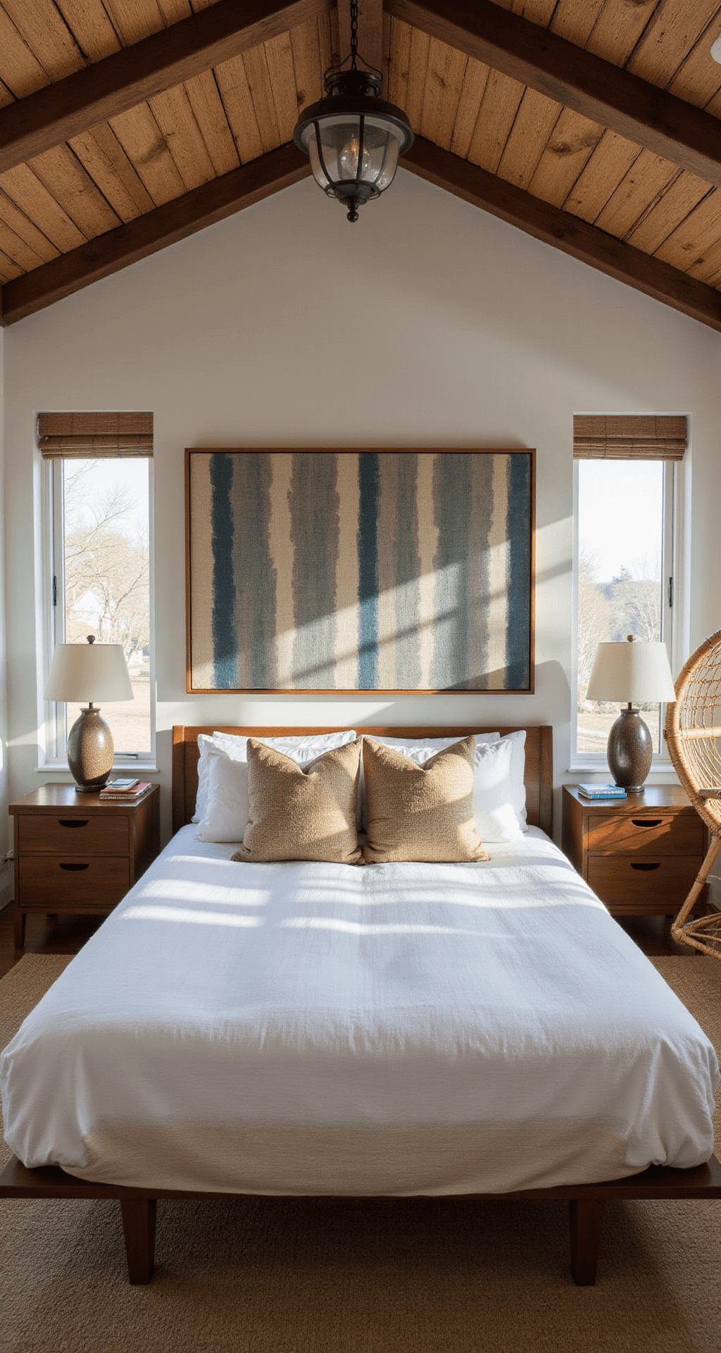 A cozy 16'x20' master bedroom with architectural ceiling beams and late afternoon light creating striped shadows across a mid-century platform bed, oversized textile art headboard, walnut nightstands, ceramic table lamps, and a rattan hanging chair in a reading corner. Warm whites, natural woods, soft terra cotta, and muted blue accents enhance the atmospheric depth.