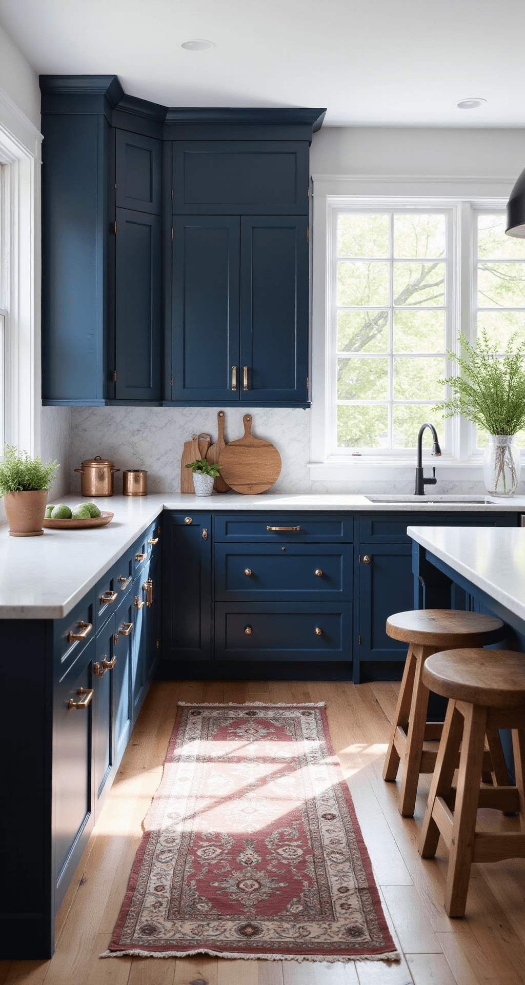 A spacious kitchen with navy blue cabinets, brass hardware, and white quartz countertops, illuminated by morning light through oversized windows. Herringbone marble backsplash, a vintage Persian rug on oak floors, and an island with weathered oak barstools are featured. Copper cookware and fresh herbs add warmth to the scene.