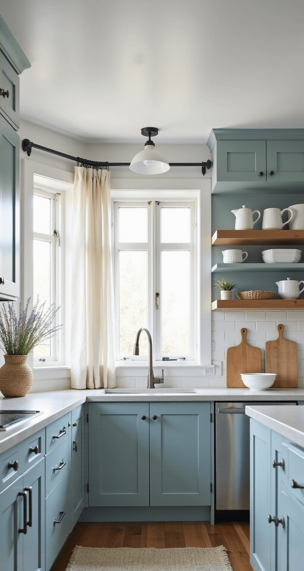 Coastal-inspired kitchen with robin's egg blue cabinets, white subway tile backsplash, open shelving, and a window seat nook in a 10x12ft space, illuminated by late afternoon sunlight.