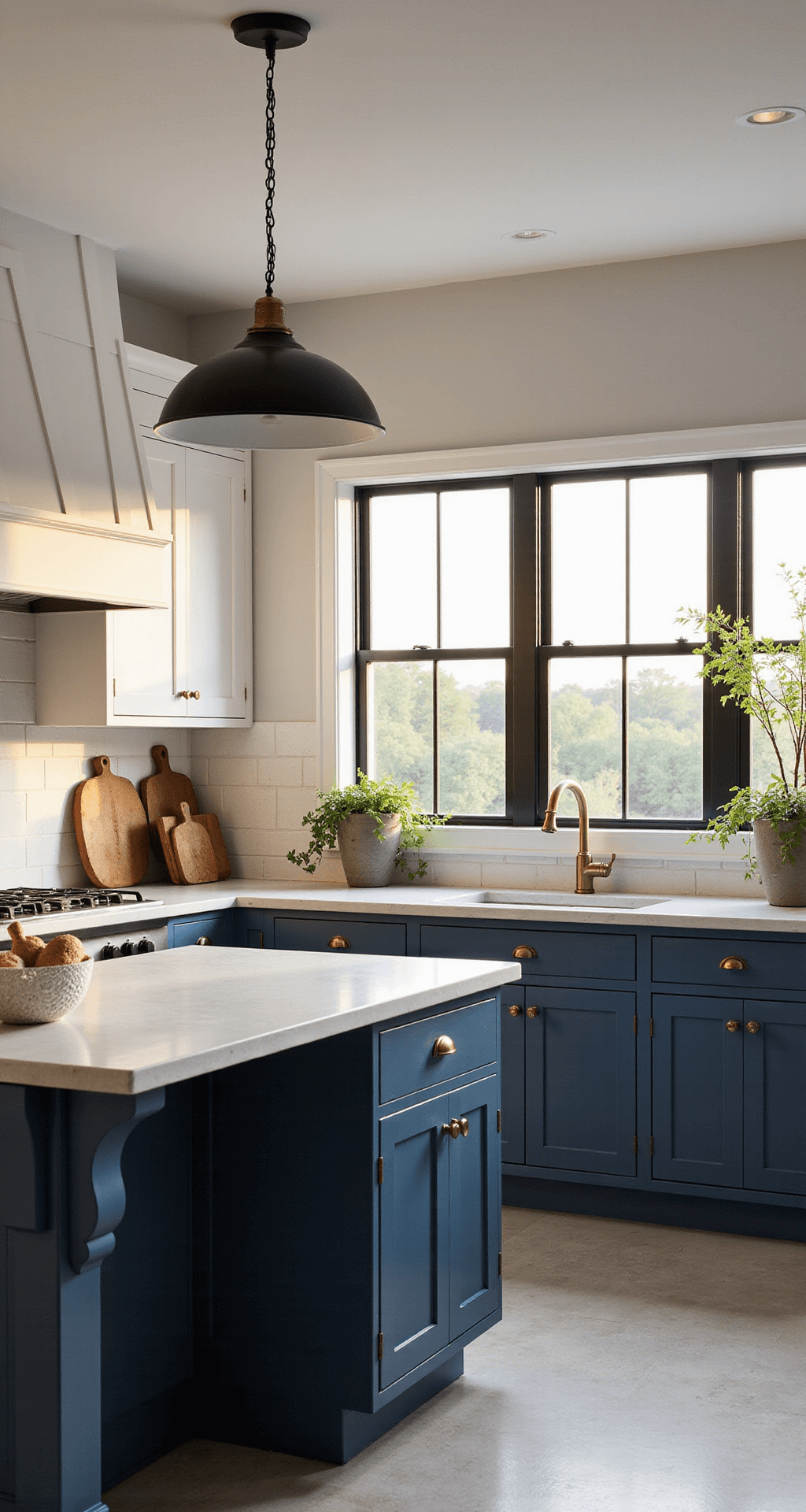 An airy modern farmhouse kitchen with two-tone cabinets: admiral blue base cabinets and white upper cabinets, highlighted by golden hour sunlight through black-framed windows. Soapstone counters contrast with brass pulls and faucet. Dramatic pendant lights cast shadows, styled with vintage breadboards, salt cellars, and ivy in concrete planters.