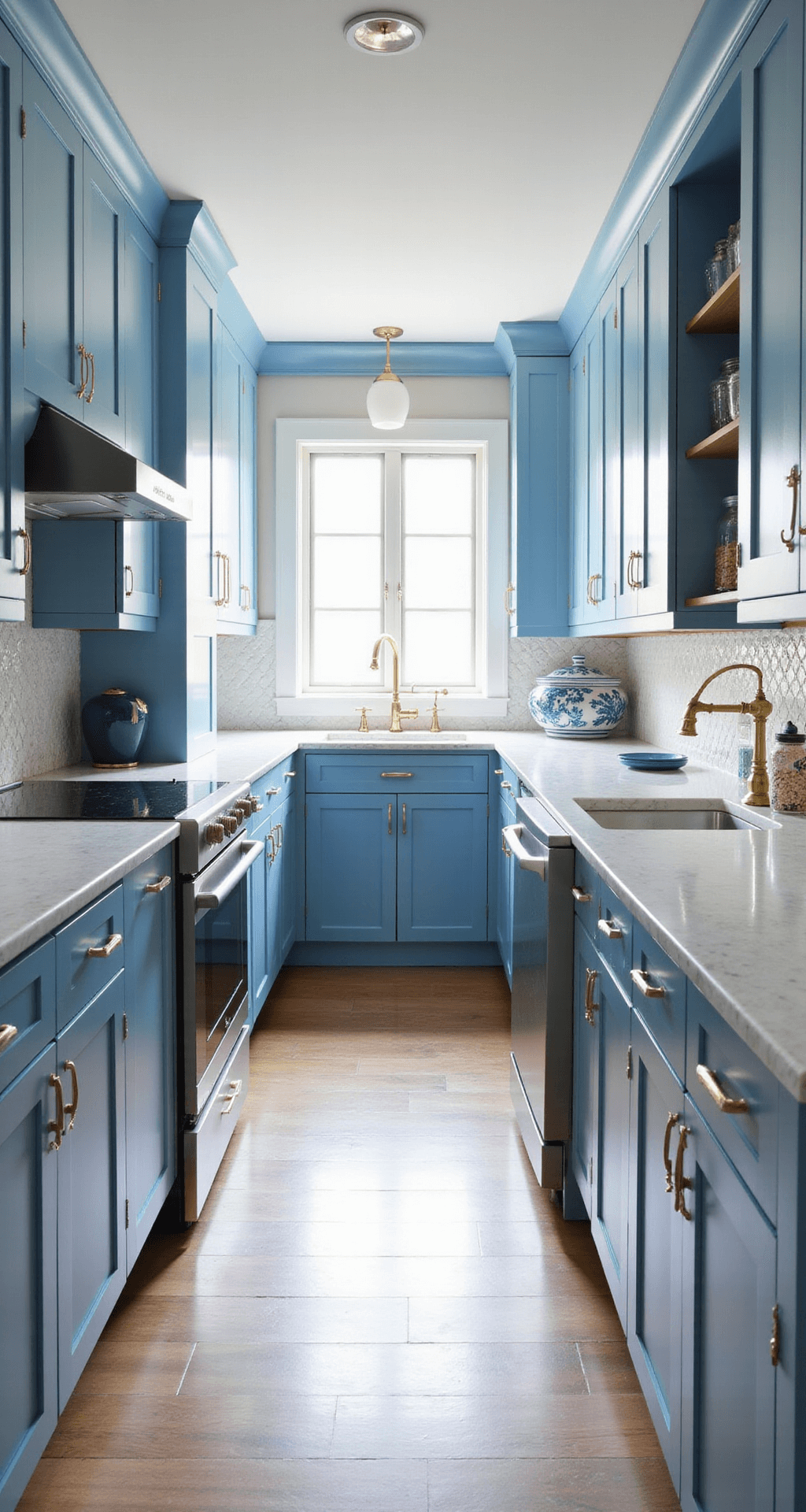 A compact galley kitchen with powder blue high-gloss cabinets, white marble countertops, arabesque tile backsplash, and brass handles; midday light reflects off surfaces, with under-cabinet and recessed lighting visible.