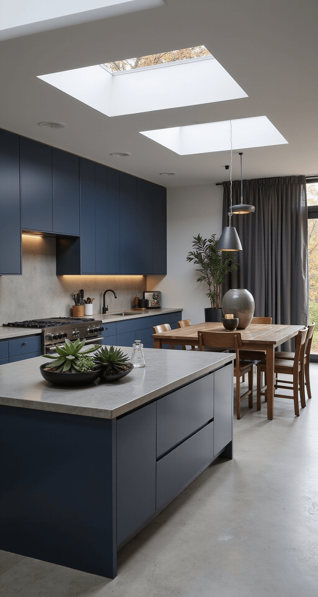 Industrial-modern kitchen with midnight blue matte cabinets, concrete countertops, and blackened steel hardware in a 15x18ft open-concept space, illuminated by dawn light from skylights.