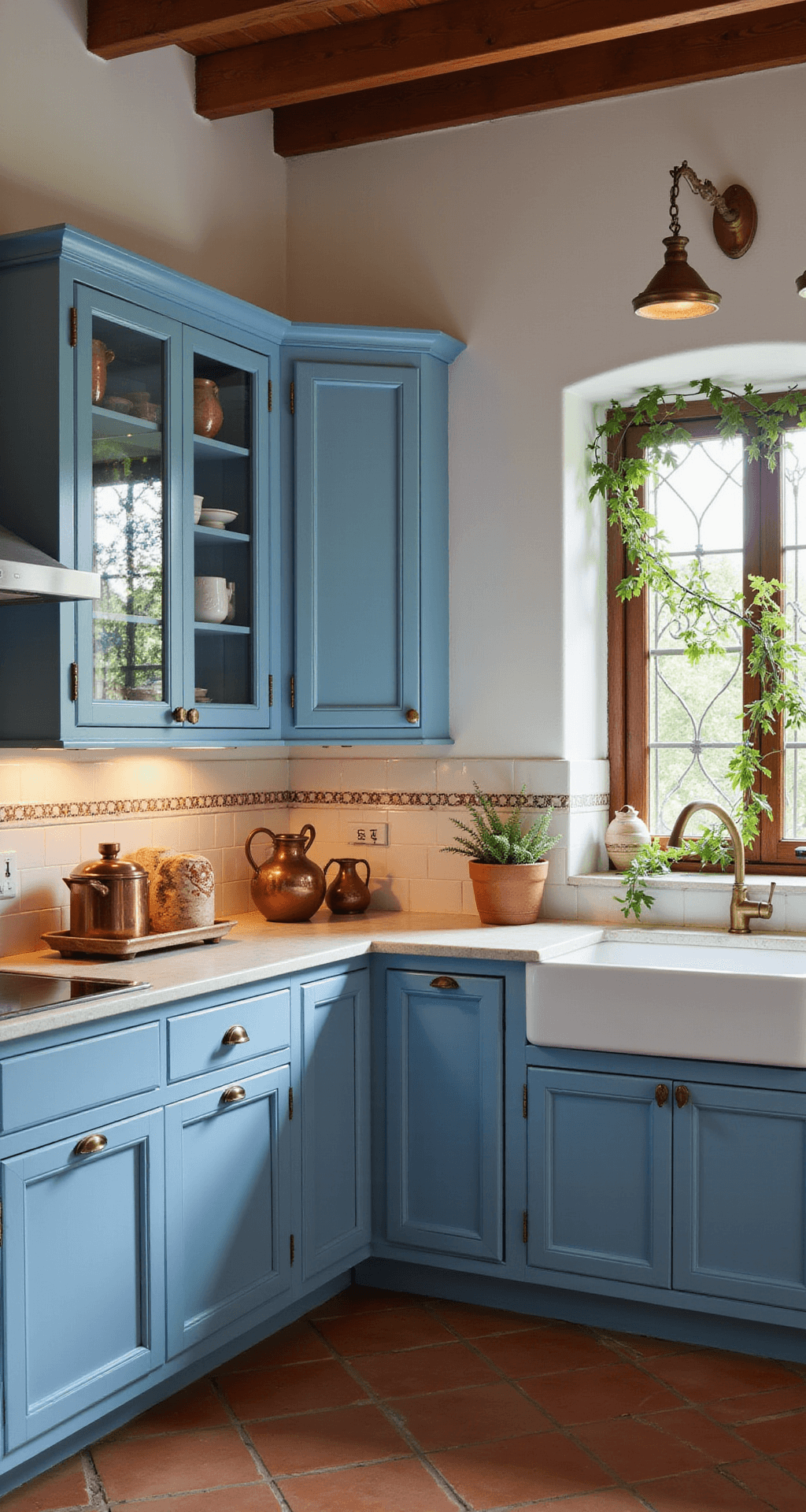 A Mediterranean-style kitchen with cornflower blue cabinets, terracotta floors, and a hand-painted tile backsplash; brass fixtures and vintage pendant lights create a warm, intimate ambiance, styled with copper pots, ceramic pitchers, and climbing vines on window grilles.