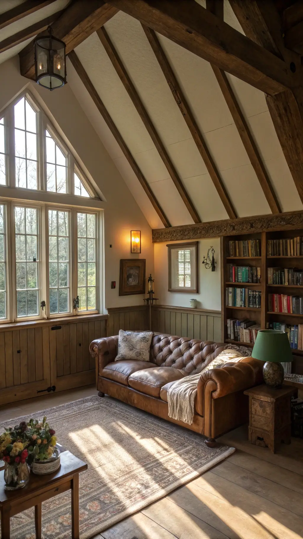 How I Created My Dream Cottage Home: Ideas How You Can Do It Too! A cozy 14x16ft cottage living room with exposed oak beams and a steep cathedral ceiling, featuring a weathered leather Chesterfield sofa with cream and sage chunky knit throws, Swiss Coffee walls with beadboard wainscoting, and a built-in window seat with linen cushions surrounded by floor-to-ceiling bookshelves, bathed in late afternoon sunlight, creating a warm and lived-in atmosphere.