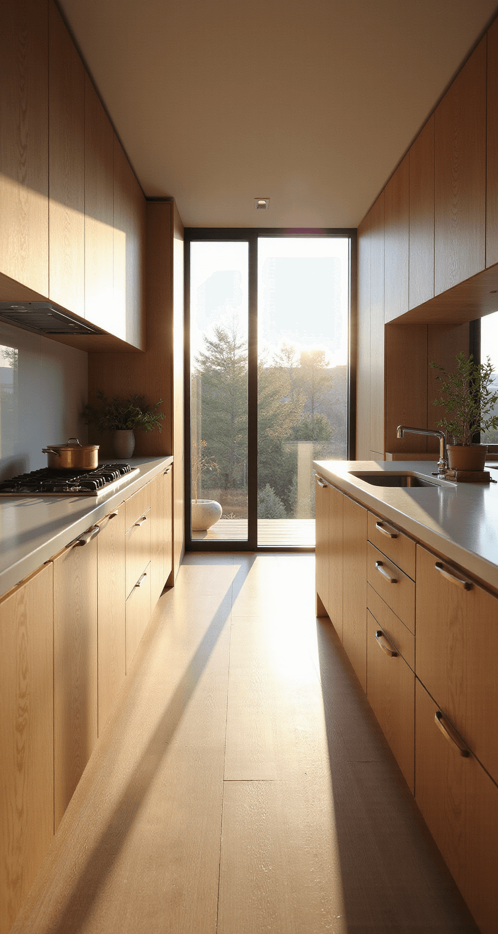 Wide-angle view of a modern kitchen with rift-cut white oak cabinets, waterfall island, brass hardware, and floor-to-ceiling windows, bathed in warm afternoon light.