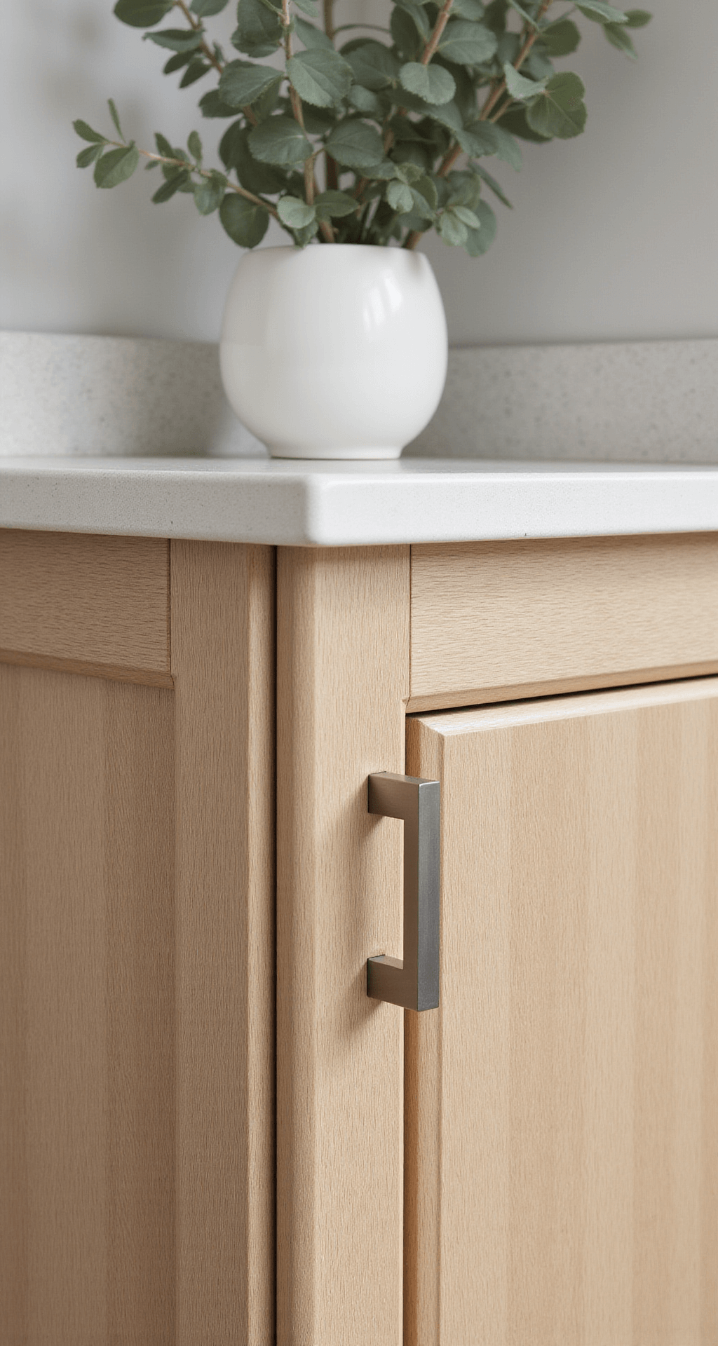 Close-up of quartersawn white oak cabinet corner with distinctive medullary ray patterns, styled with a white ceramic vase holding eucalyptus; brushed stainless steel handle adds contrast. Shot at eye-level with morning light, capturing texture detail. Mood: organic modern elegance.