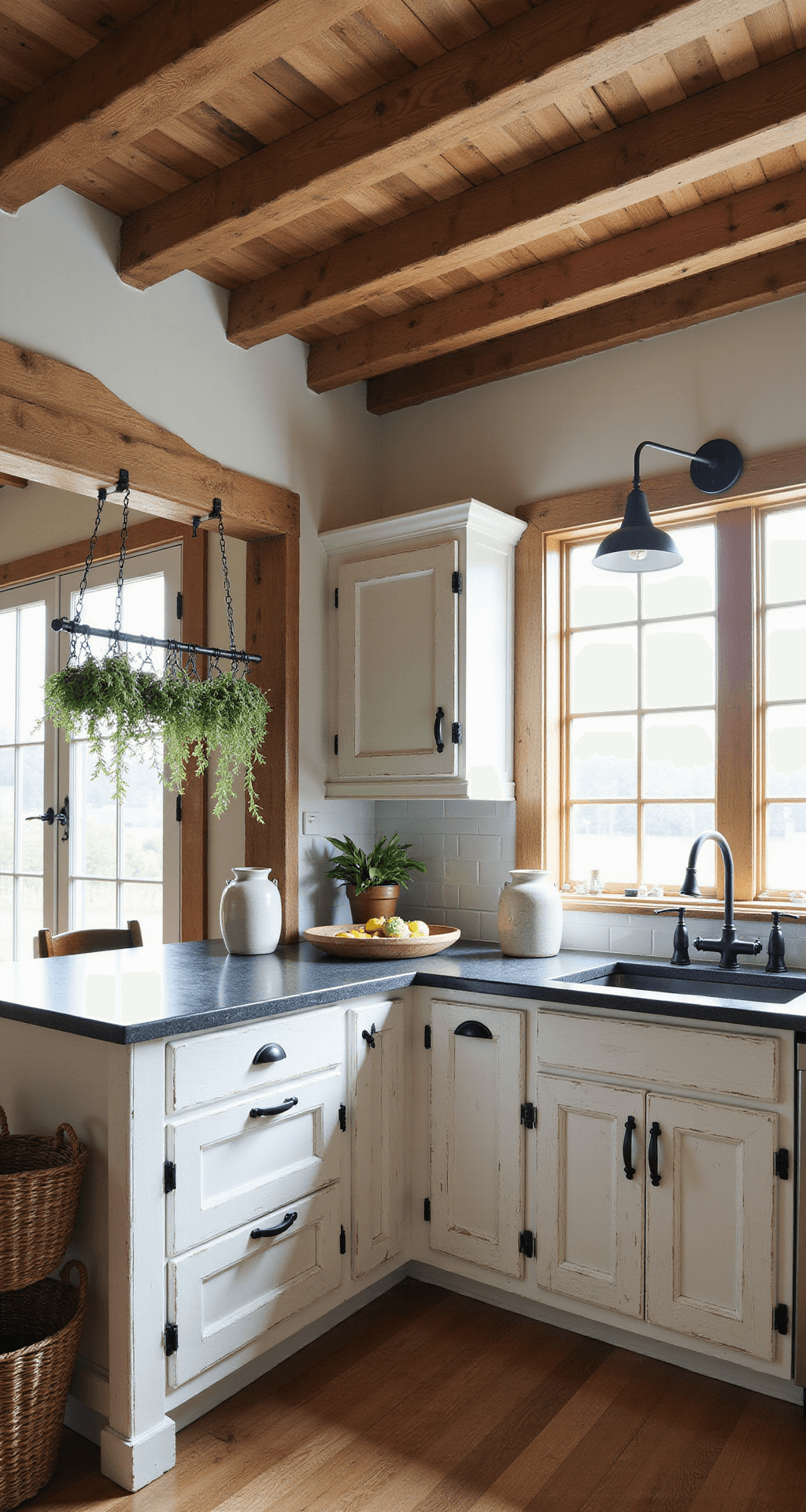 A 12x18ft farmhouse-modern fusion kitchen featuring exposed wooden beams, cerused white oak cabinets with vintage matte black handles, and textural elements like woven baskets, ceramic crocks, and dried herbs hanging from a pot rack. The room is illuminated by natural and warm artificial light, showcasing a blend of rustic comfort and contemporary design.