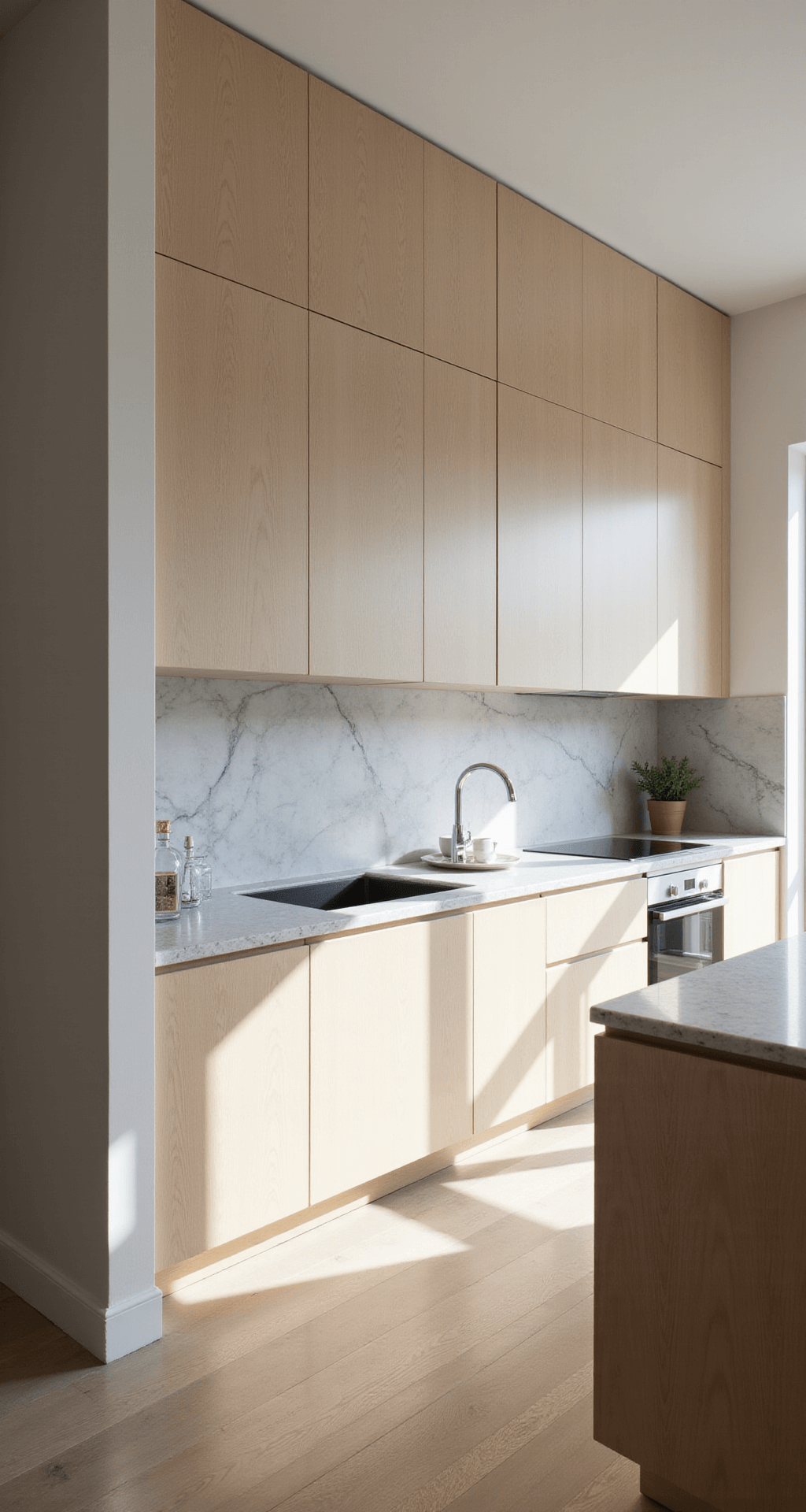 A minimalist luxury kitchen with floor-to-ceiling light-stained white oak cabinetry, handleless push-to-open mechanisms, and a marble backsplash reaching the ceiling, bathed in morning light for dramatic shadows.