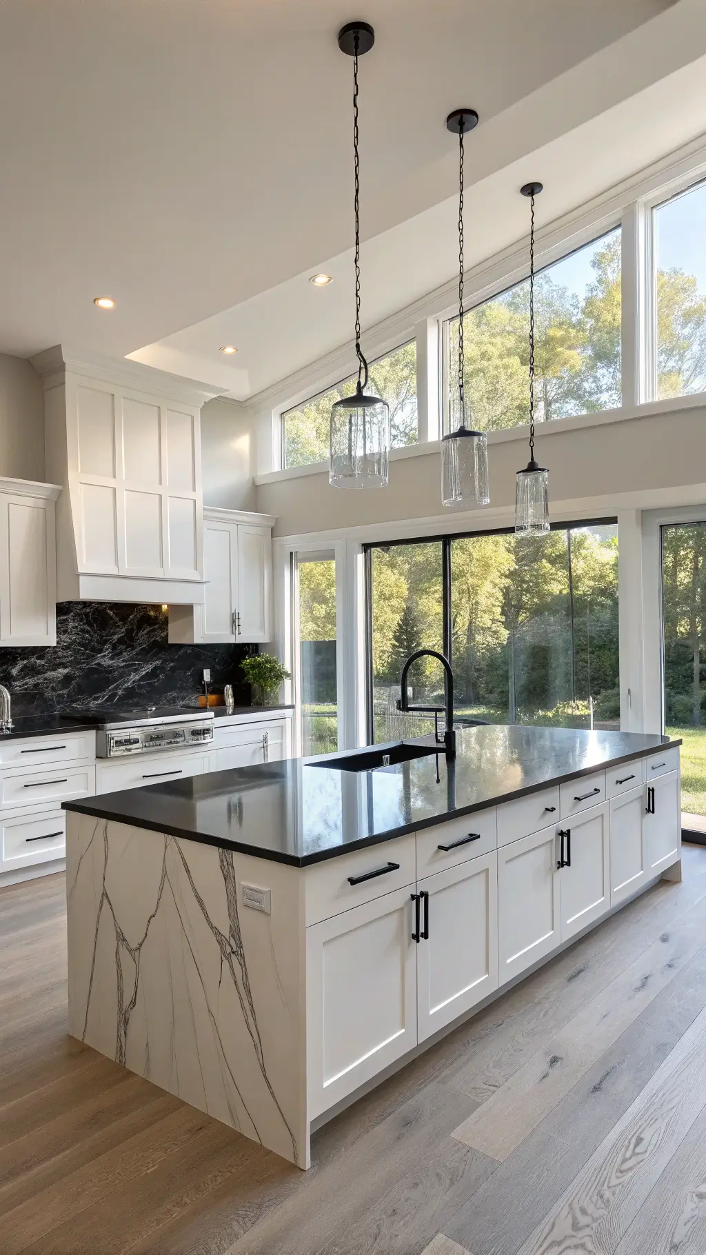 Black Countertops With White Cabinets Modern luxury kitchen with white cabinets, black granite countertops, waterfall island, and floor-to-ceiling windows.
