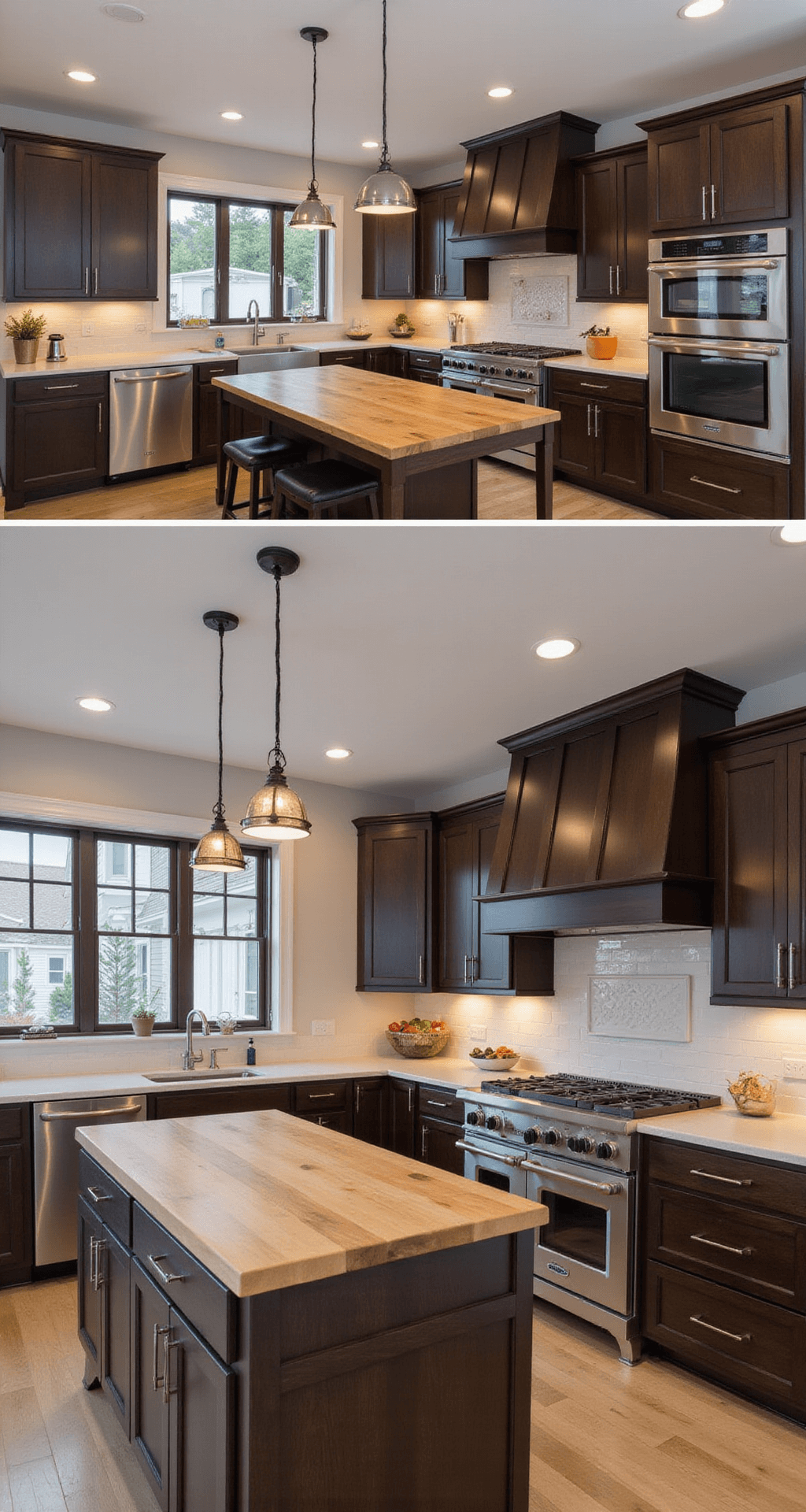 Alt text: A contemporary L-shaped chef's kitchen measuring 16x14ft, featuring professional-grade appliances integrated into dark-stained white oak cabinetry. A central island with a thick butcher block surface is illuminated by pendant lights for focused task lighting. The image is shot from above island height, highlighting the efficient workflow triangle. The mixed lighting setup enhances functionality, creating a professional yet inviting atmosphere.