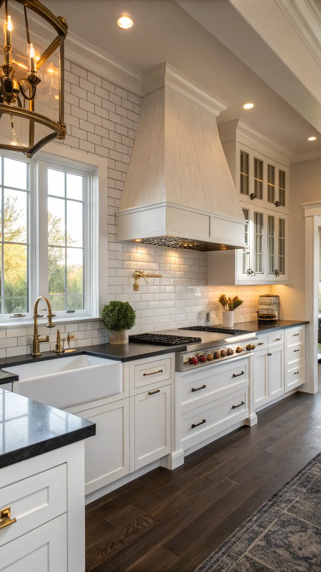 Transitional kitchen with white shaker cabinets, black soapstone counters, brass hardware and lighting, subway tile backsplash with dark grout, and warm lighting highlighting textures.