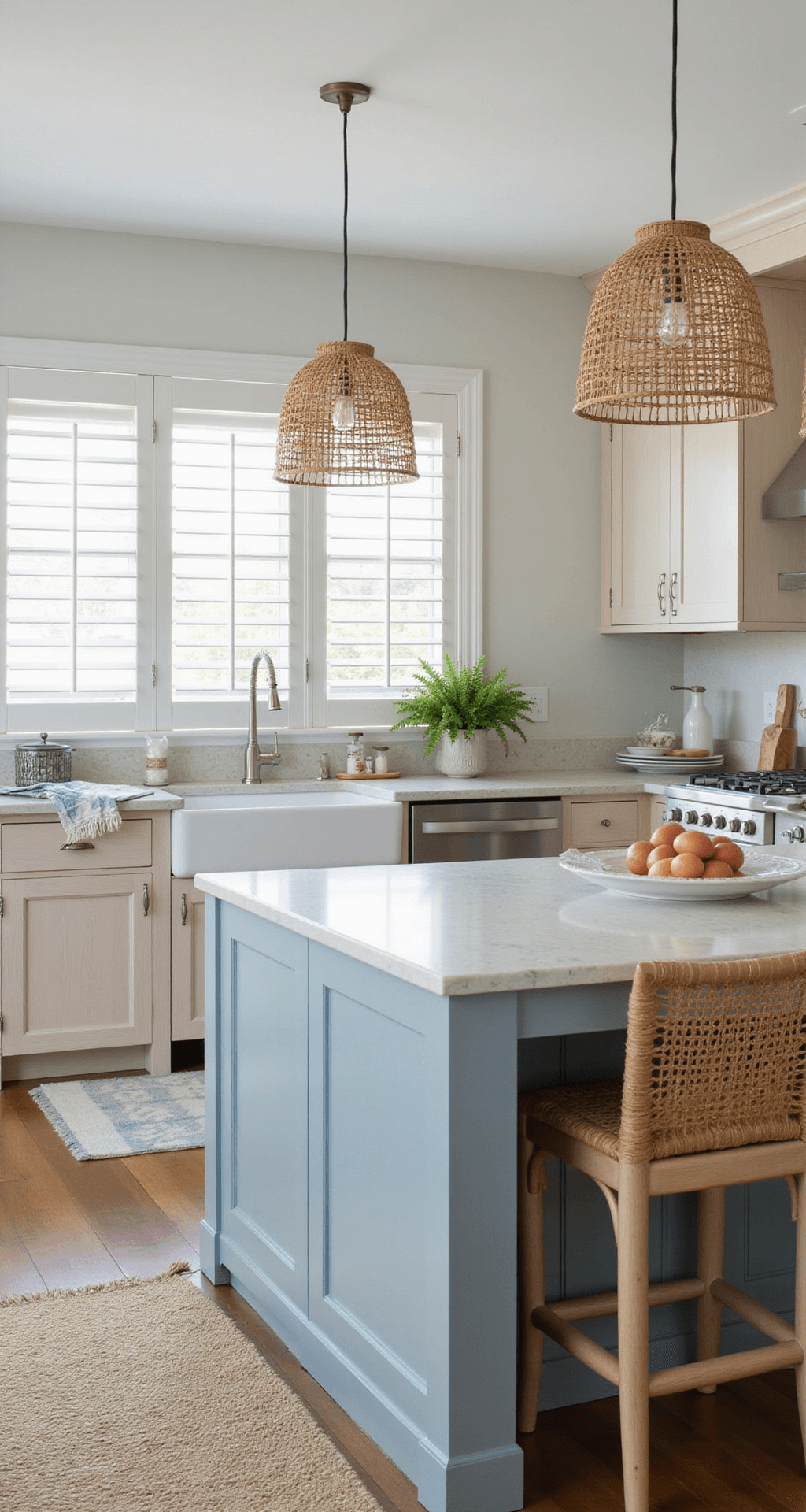 A breezy coastal modern kitchen with white oak cabinets, a pale blue island, and rattan pendant lights. Striped lighting from plantation shutters highlights woven textiles and seaside-inspired decor in a relaxed, elegant setting.
