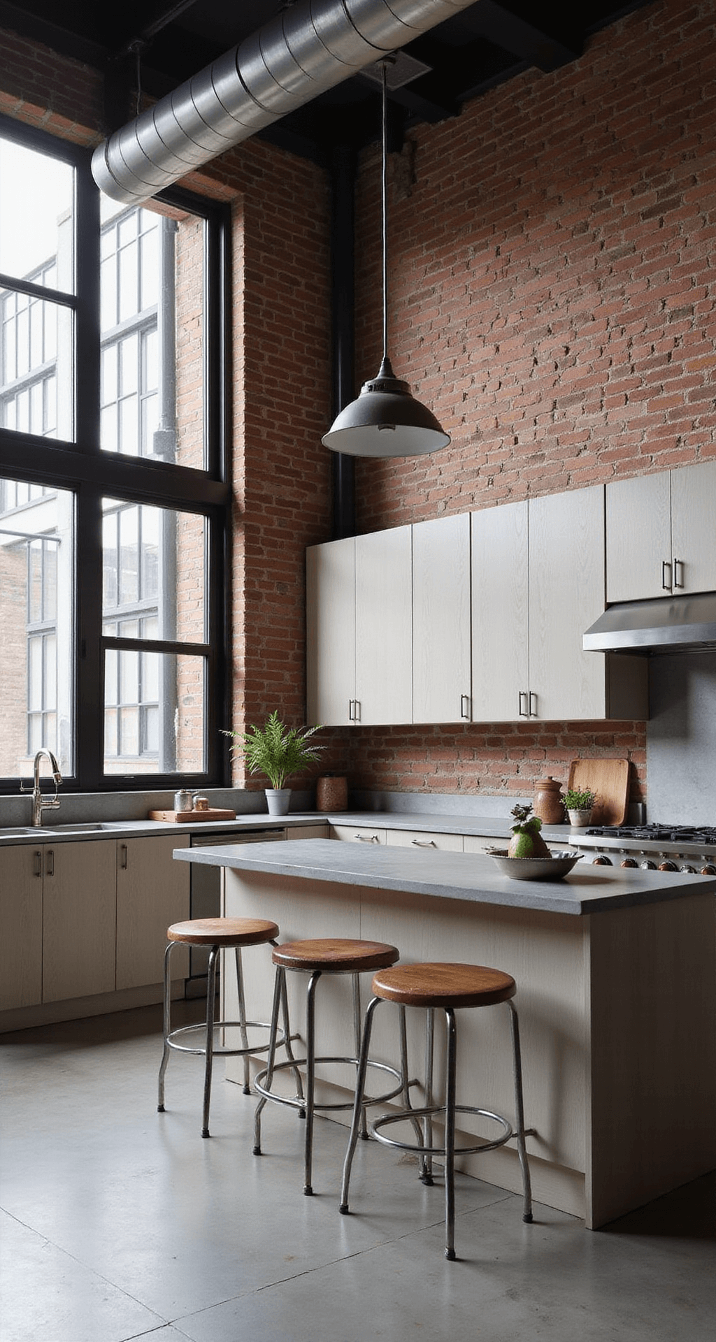 A spacious 18x22ft loft kitchen with exposed brick walls, white oak cabinets in grey-washed finish, and black steel-framed windows. Concrete countertops and metallic accents enhance the industrial chic style. Artificial lighting highlights the texture contrasts, creating an ambiance of urban sophistication.