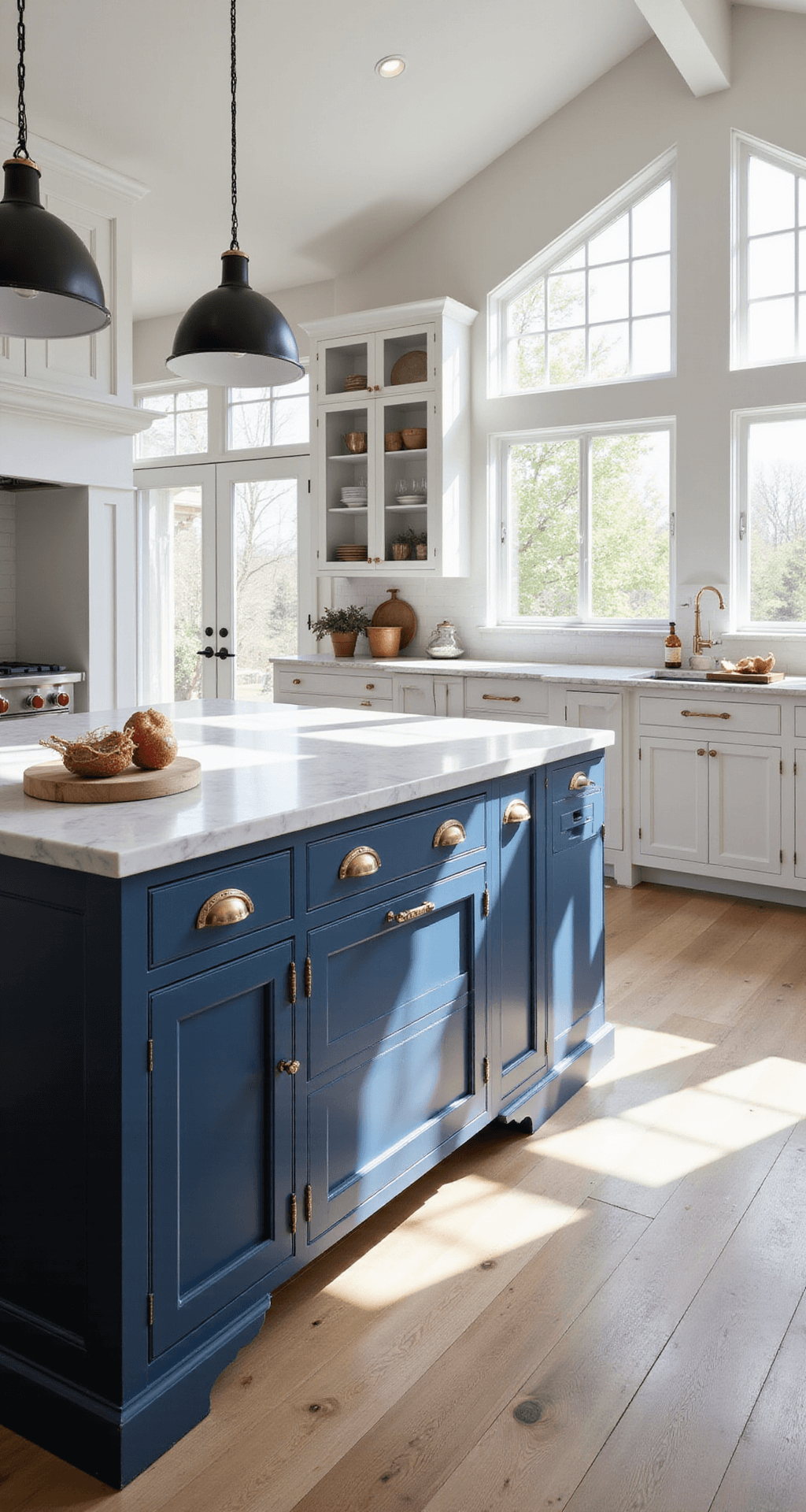 Bright kitchen with white Shaker cabinets, navy island, marble countertops, stainless appliances, and oak flooring in soft sunlight.