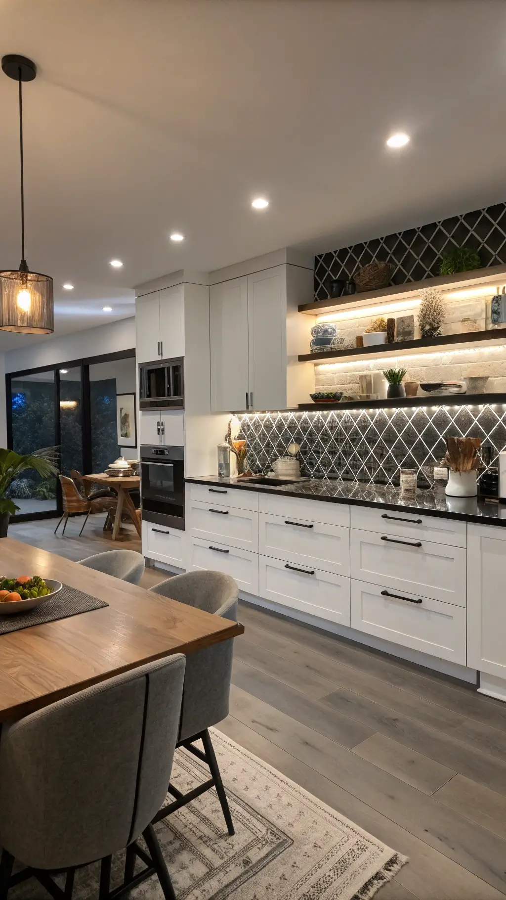 A modern open-concept kitchen with sleek white handleless cabinets and honed black quartz counters, featuring floating shelves with ceramics and a geometric black and white backsplash. Integrated appliances create a seamless look, viewed from the living space with evening ambient lighting.