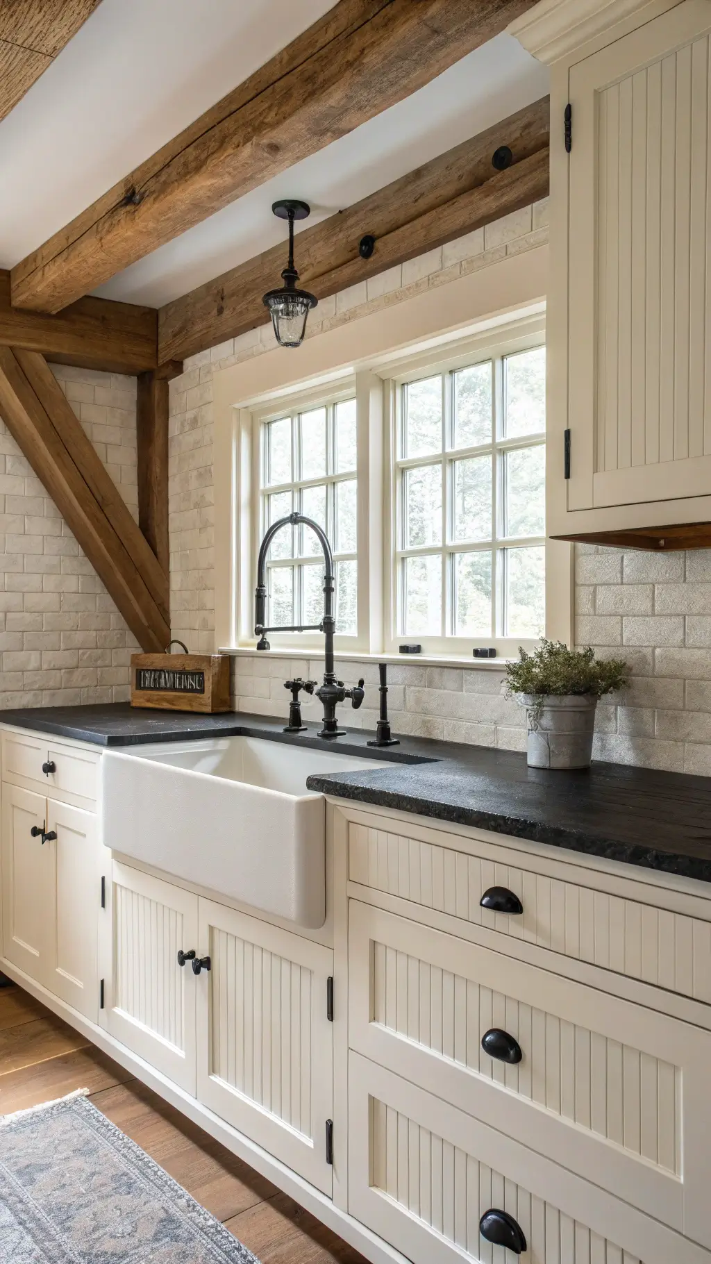 Farmhouse-inspired kitchen with creamy white beadboard cabinets, aged black soapstone counters, apron sink with vintage-style matte black faucet, and exposed wood beams, highlighted by morning light and rustic textures.