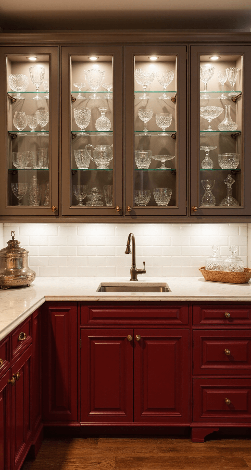 A refined kitchen with dramatic glass-front upper cabinets, ruby red lower cabinets, white marble countertops, antique brass hardware, and crystal decanters, illuminated by custom lighting.