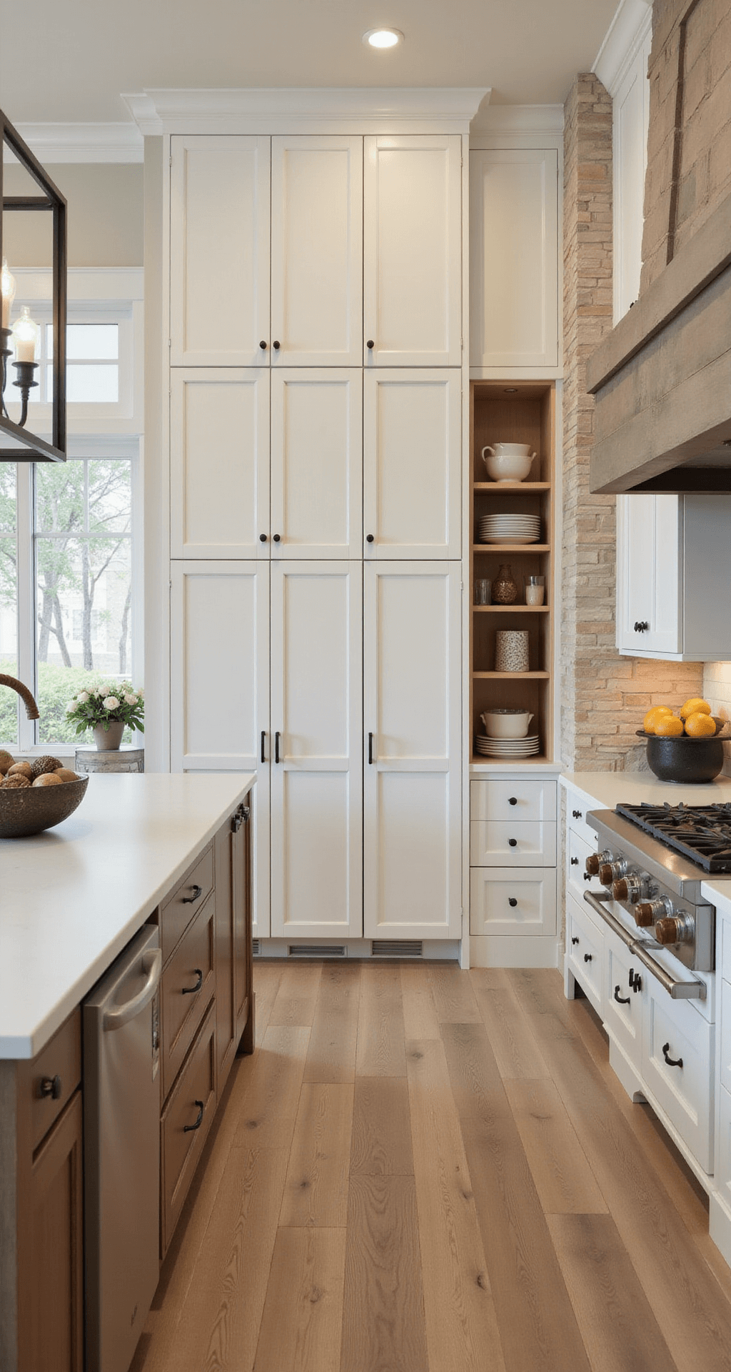 A bright transitional kitchen with a 13x15ft layout featuring two-tone cabinets; white upper units and beige lower ones. Mid-morning light highlights floor-to-ceiling storage, seen from a low angle to accentuate the space's grandeur. Clever storage solutions like pull-out pantries and integrated appliance panels are visible, along with warm wood accents and a textured backsplash adding dimension.