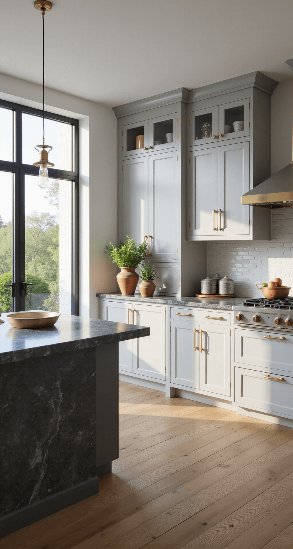 Grey Kitchen Cabinets: The Ultimate Design Solution for Modern Homes Contemporary kitchen with floor-to-ceiling windows, light grey shaker cabinets, marble-topped charcoal island, brass hardware, and white oak flooring; styled with ceramics, herbs, and fruit bowl.