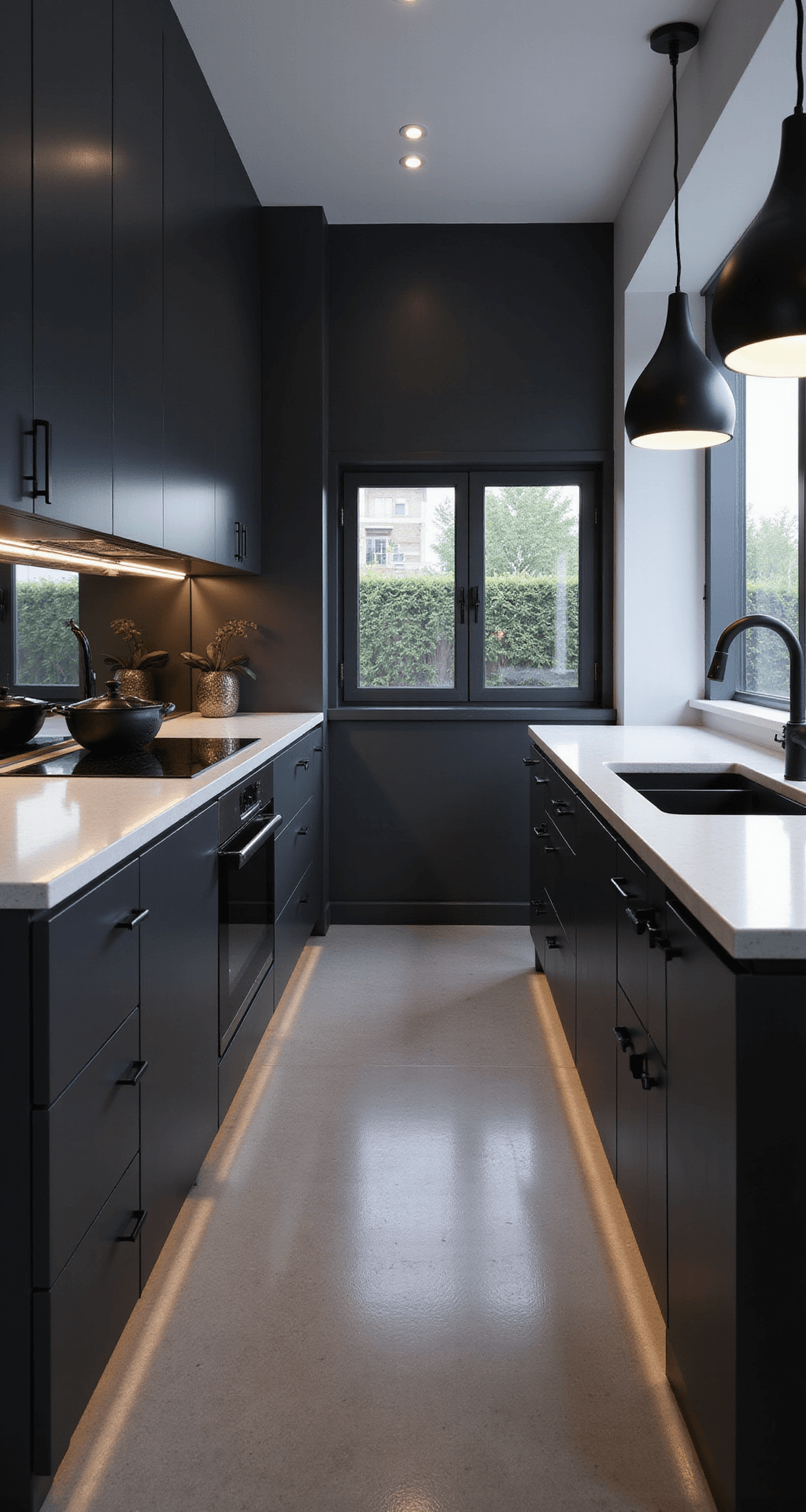 Moody evening kitchen scene with dark grey high-gloss cabinets, white quartz countertops, under-cabinet LED lighting, mirrored backsplash, and matte black hardware in a 10x12ft galley layout.