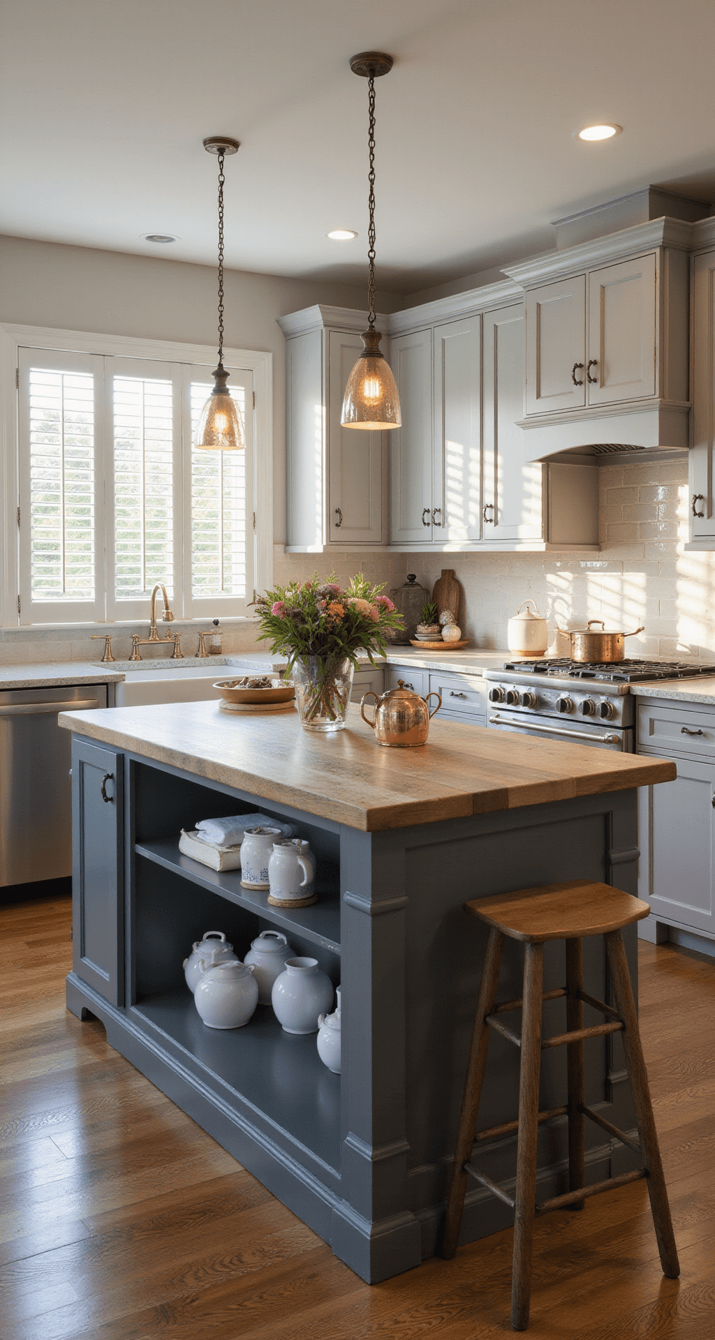 Sunlit transitional kitchen with two-tone grey cabinets, weathered wood island, and golden hour lighting through plantation shutters; features vintage copper cookware, white canisters, and fresh flowers.