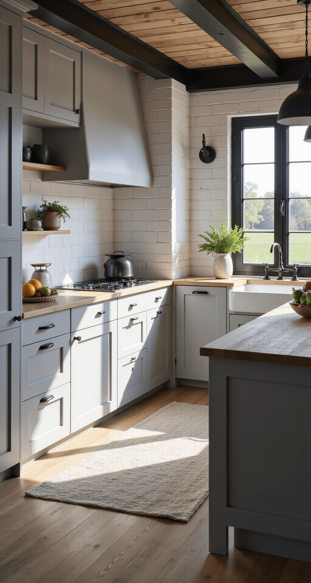 Spacious modern farmhouse kitchen with light grey cabinets, black-framed windows, and a large grey island with butcher block top. Afternoon light casts shadows on shiplap walls. Decor includes vintage scales, ironstone pottery, and fresh produce. Industrial pendant lights add to the soft grey, white, and matte black color scheme.