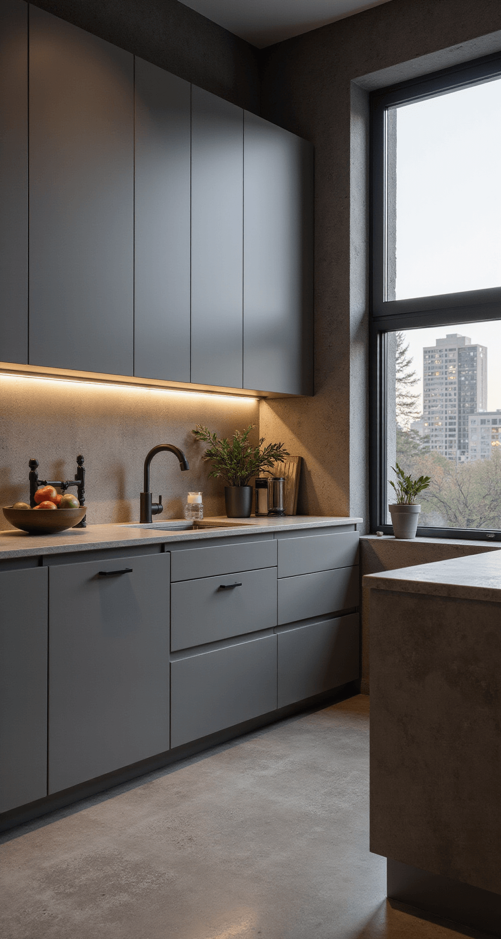 A compact, modern urban kitchen with grey cabinets and concrete countertops, illuminated by LED lighting, overlooking a cityscape through a large window.