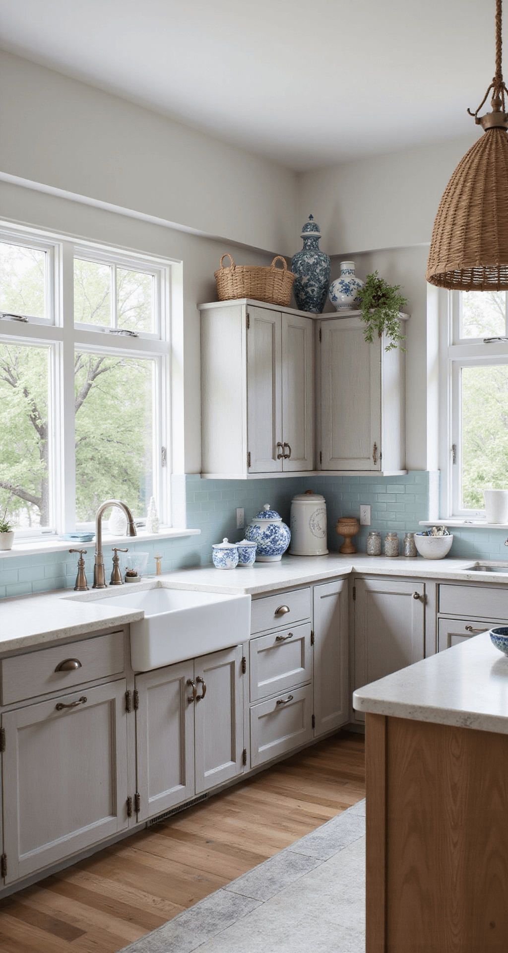 Coastal-themed kitchen with weathered grey cabinets, soapstone counters, and pale blue tiles, featuring rope pendant lights and nautical decor.