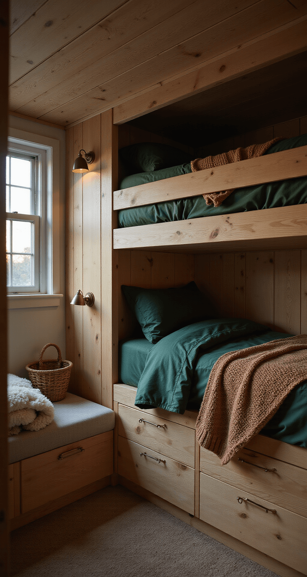 Bunk room with custom white oak bunks, forest green linens, and brass sconces, featuring woven baskets, leather pulls, and sheepskin accents in moody evening light.