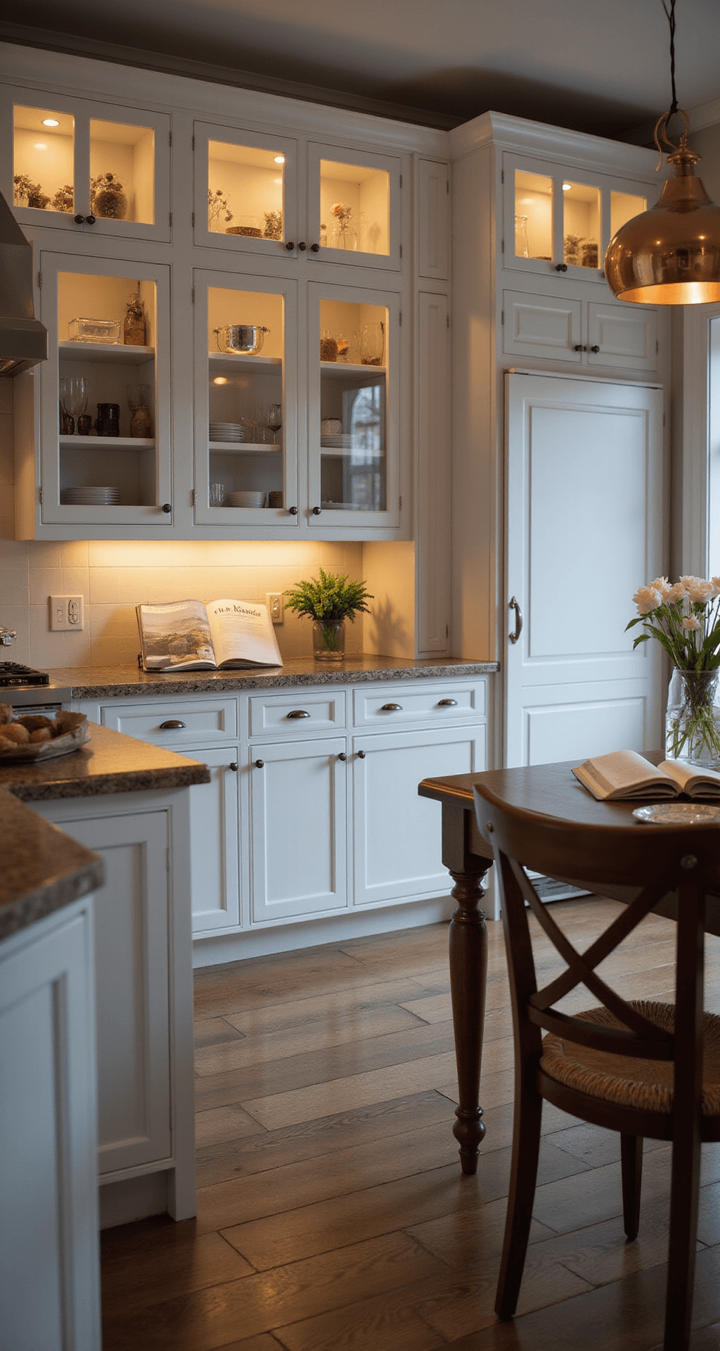 A cozy kitchen at twilight with classic white cabinets and illuminated glass uppers, viewed from the dining area. The scene features mixed lighting, warm from artificial sources and cool from dusk. Casual elements like an open cookbook, wine glass, and fresh flowers are present. Copper pendant lights add warmth, highlighting the inviting, lived-in atmosphere and showcasing the craftsmanship of the cabinets.