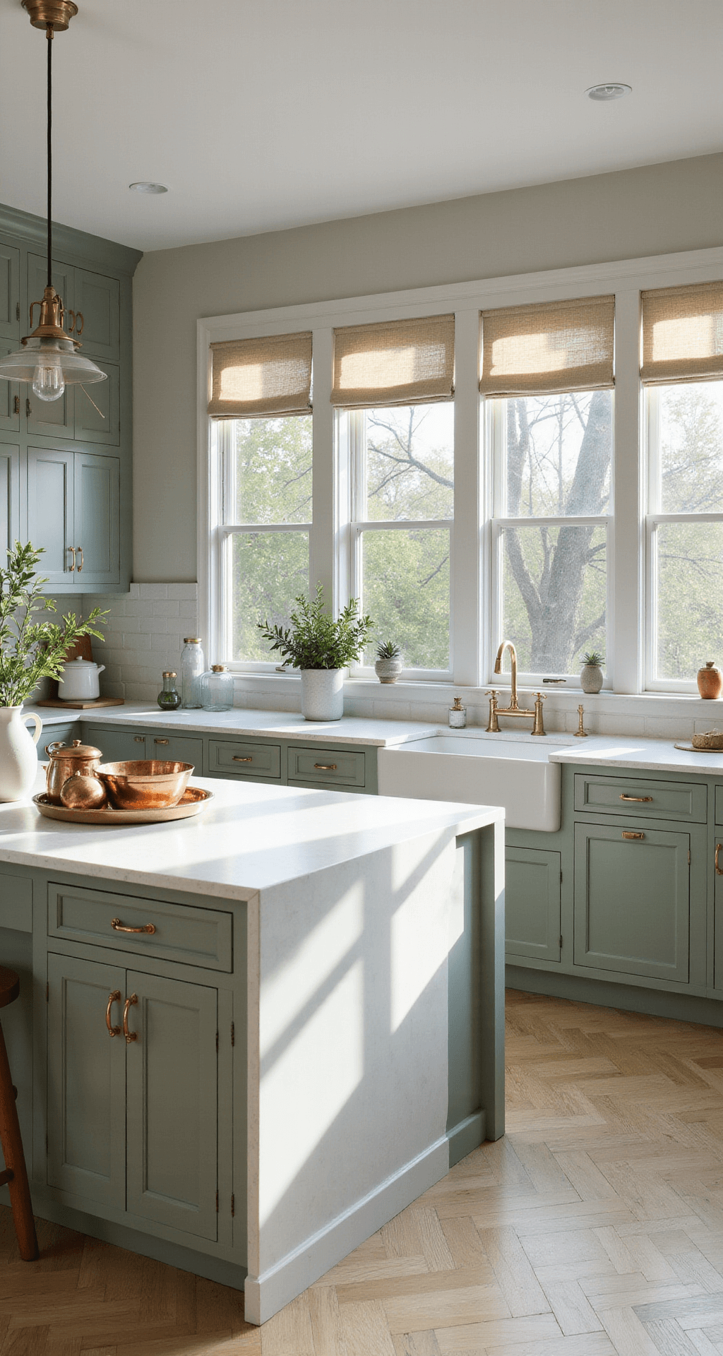 A modern sage green kitchen with floor-to-ceiling windows, a white quartz waterfall island, and brushed brass hardware, featuring white oak herringbone floors and decorative copper cookware, styled with eucalyptus vases and linen roman shades in soft morning light.