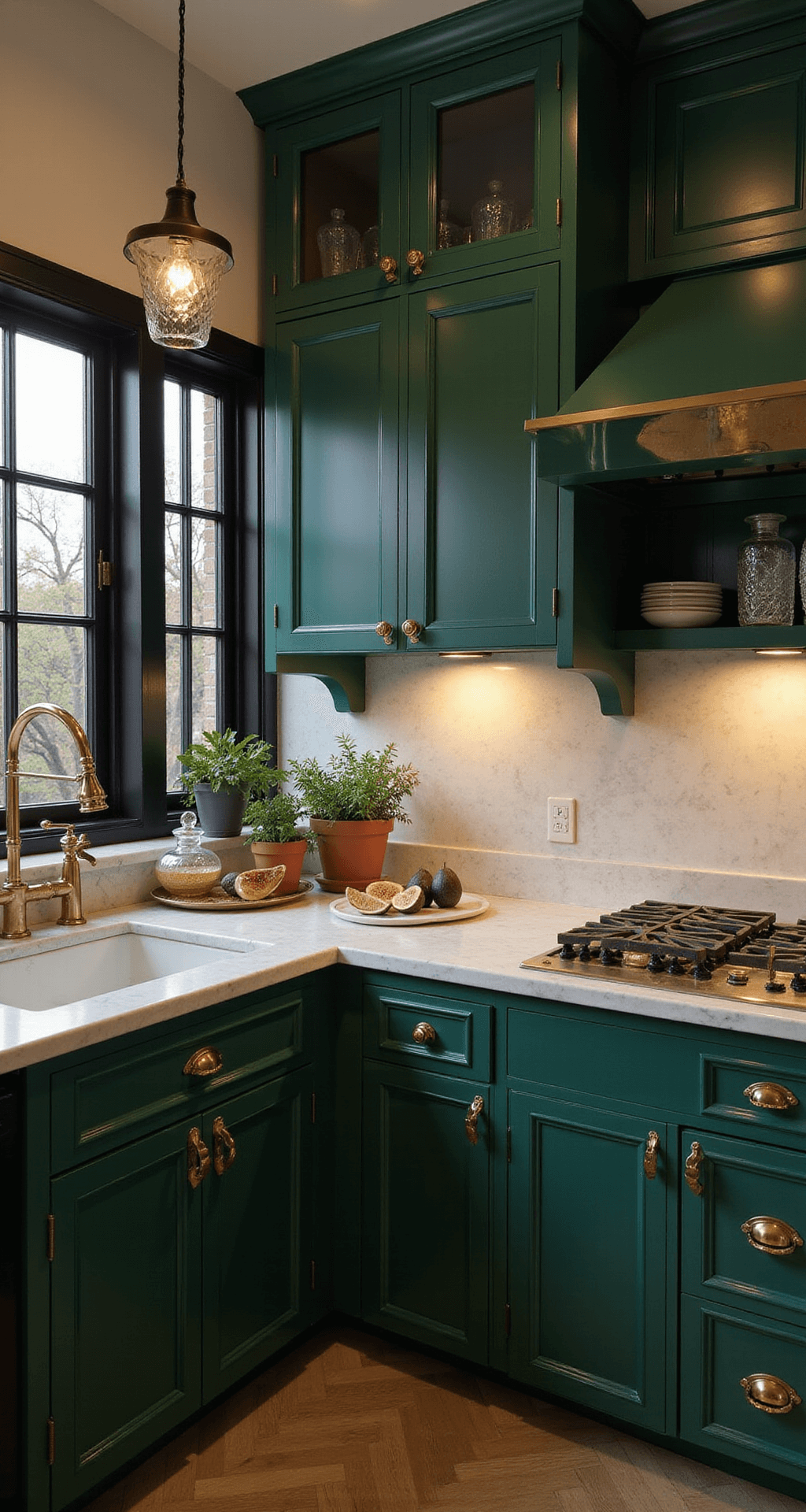 Intimate kitchen featuring deep emerald green cabinets, Carrara marble countertops, and antique brass accents, all illuminated by warm pendant lighting during golden hour.