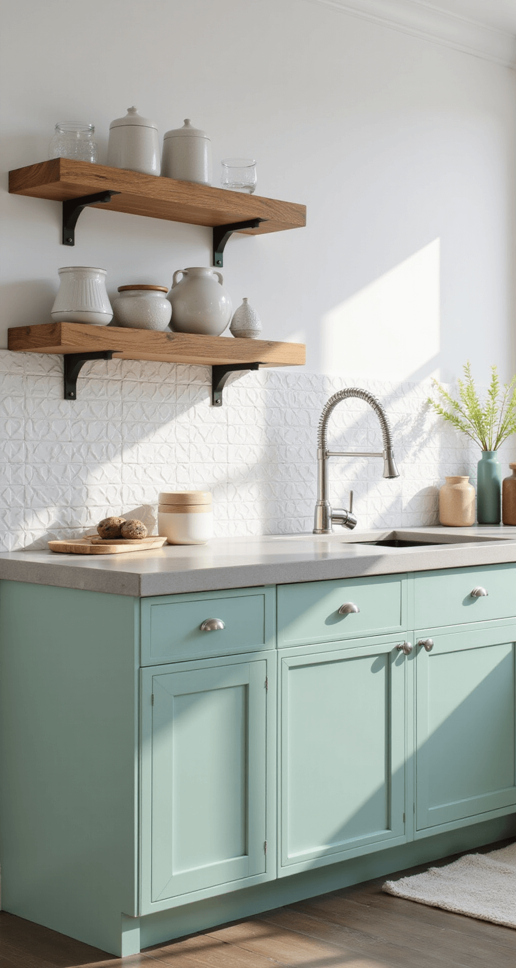 A contemporary kitchen with mint green flat-panel cabinets, geometric white tile backsplash, and concrete countertops, featuring chrome fixtures and white oak open shelving, captured from above to highlight its bright, modern aesthetic.