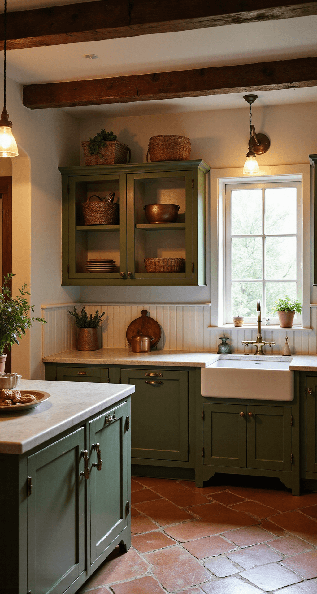 Cozy olive green kitchen with beadboard cabinets, soapstone counters, and farmhouse sink, featuring vintage brass lights, terracotta tiles, and exposed wooden beams, styled with copper pots and fresh herbs.