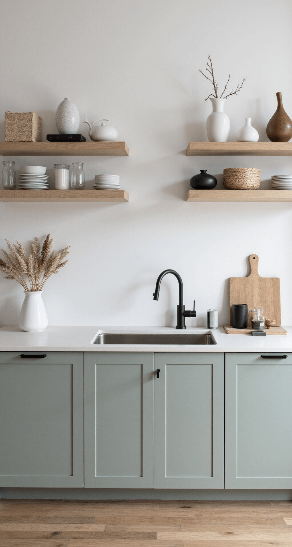 Airy Scandinavian kitchen featuring pale sage cabinets, white oak countertops, and matte black fixtures, illuminated by northern light for a bright, minimalist aesthetic.