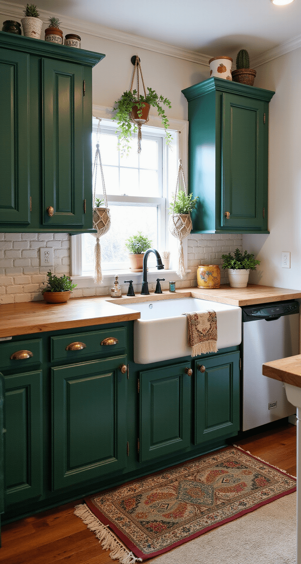 Eclectic 13x15ft Bohemian kitchen with forest green cabinets, butcher block counters, and a brick backsplash, featuring mixed metallic hardware, macramé plant hangers, and vintage rugs, illuminated by natural and warm ambient lighting.